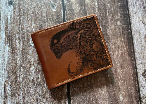 Horror alien leather gift for men, Xenomorph monster art wallet, custom gift ideas for boyfriend