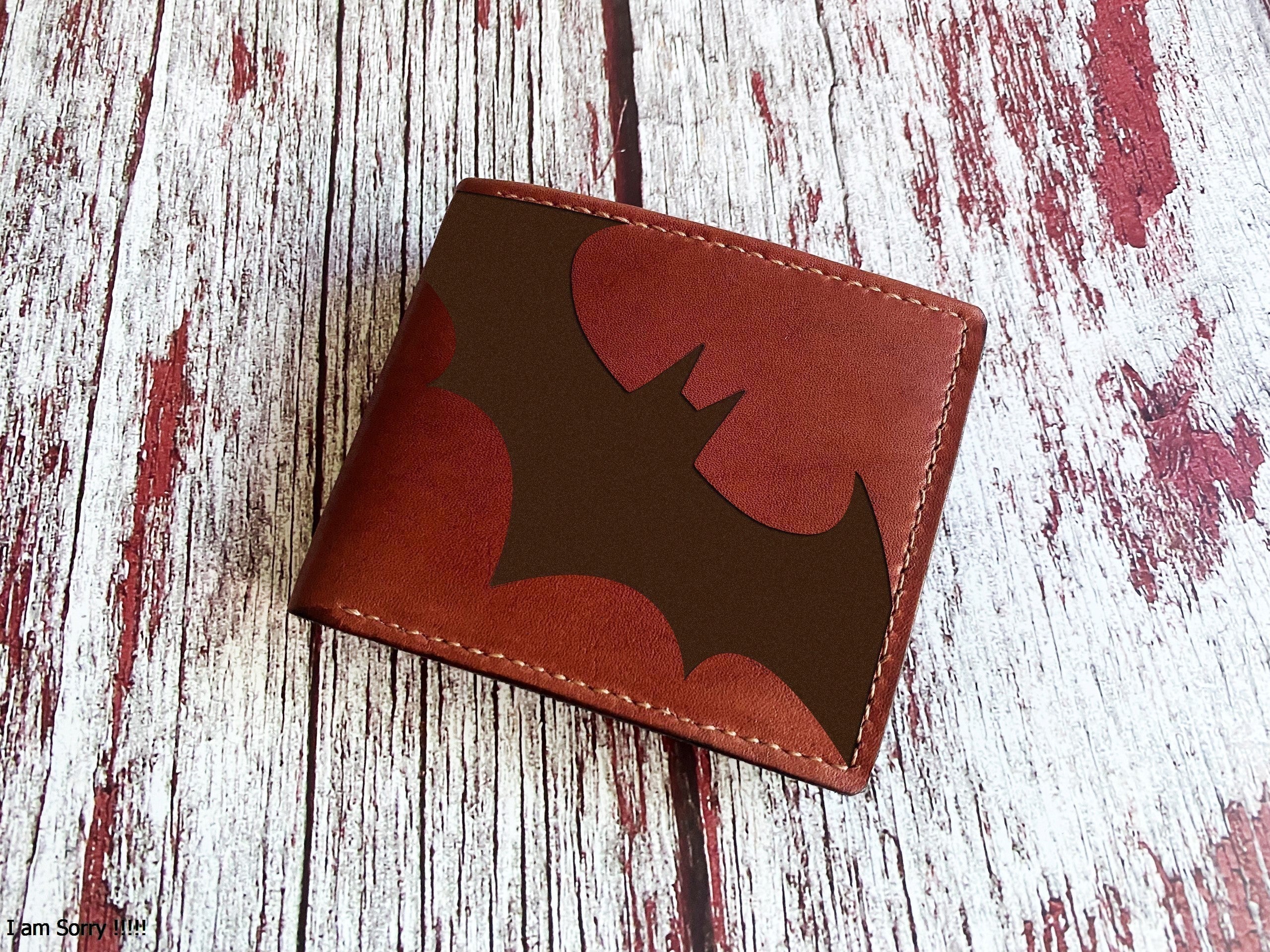 Bat logo leather men's wallet, custom engraving leather wallet, superheroes art present for boyfriend, meaningful gift for dad, husband