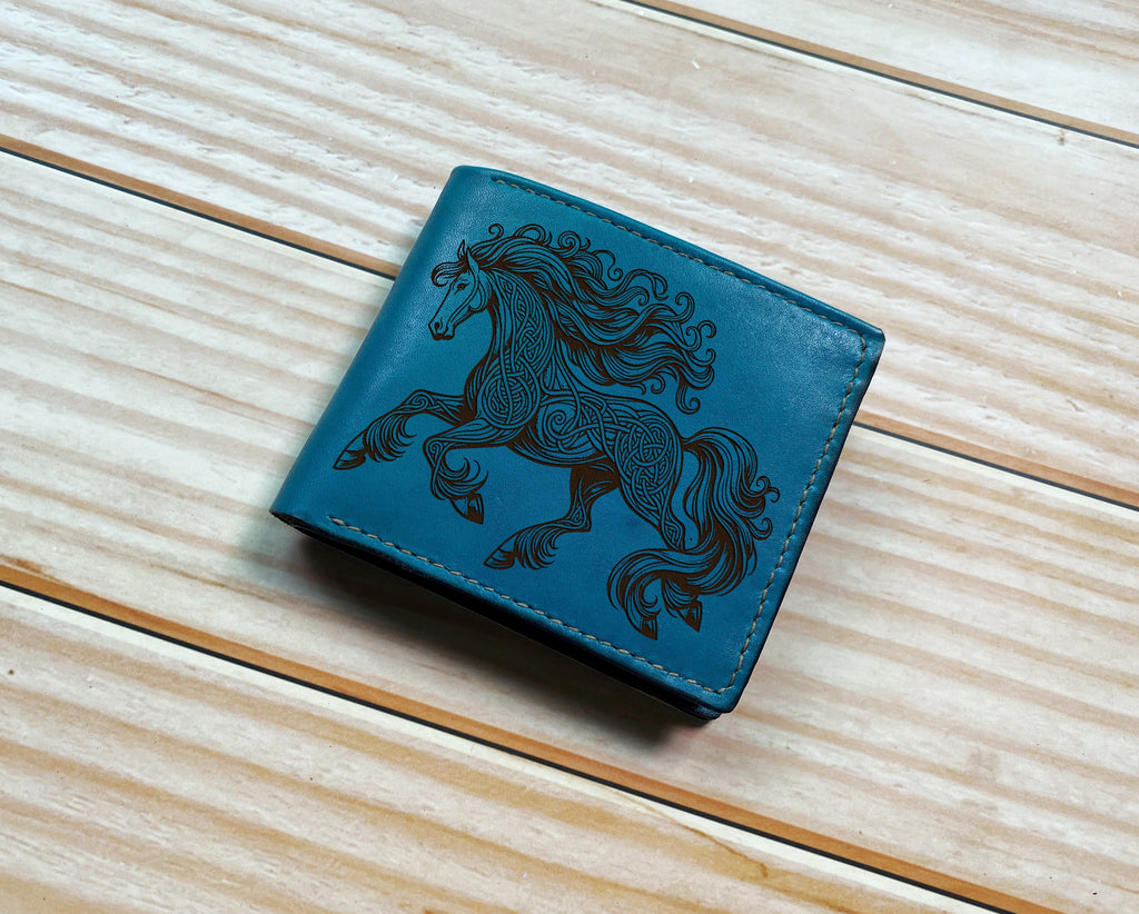 Custom leather gift for men, Celtic pattern leather wallet, horse gift for boyfriend, wallet for husband, horse art leather anniversary gift