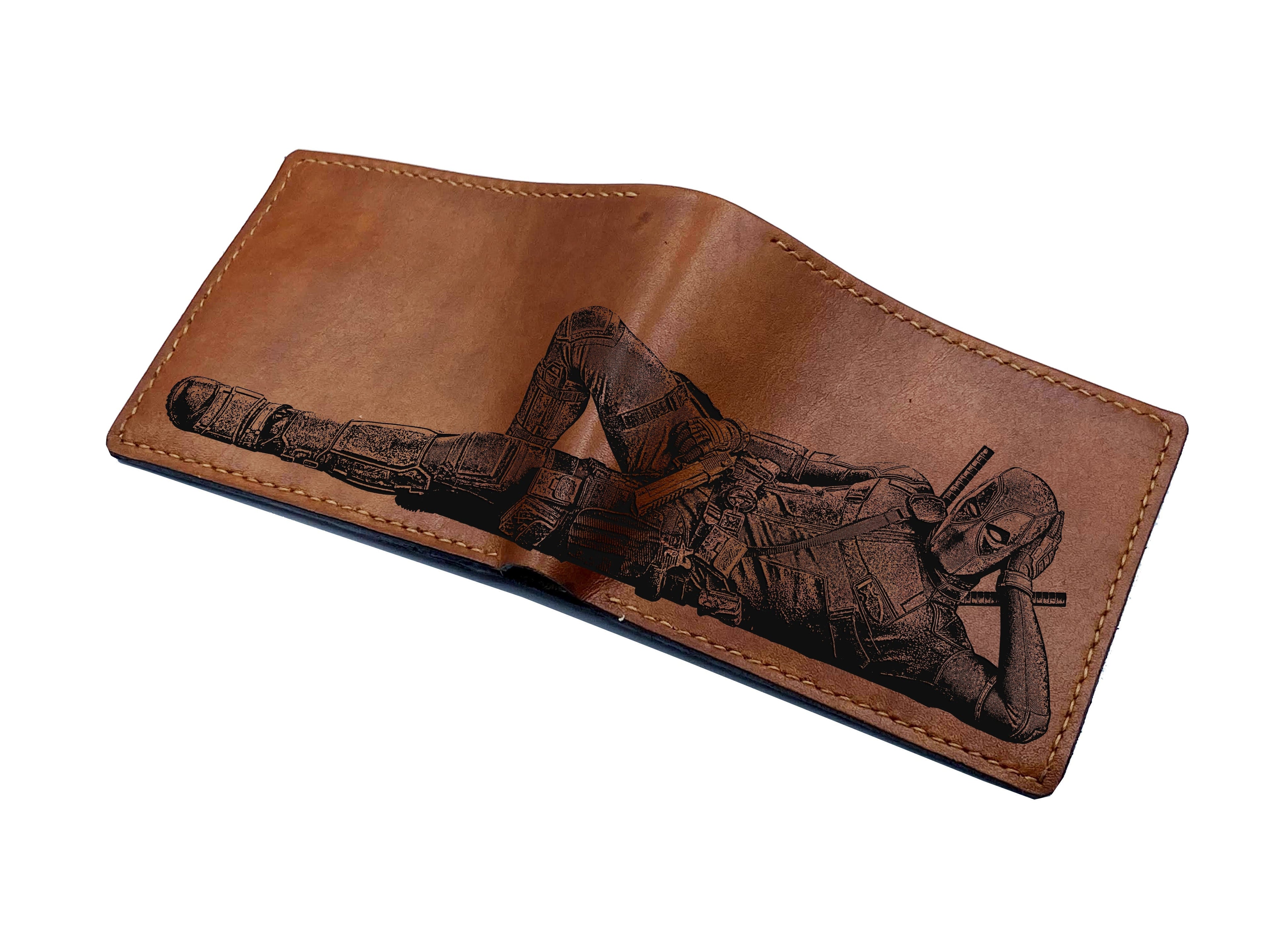 ID card leather wallet, bifold leather wallet, superheroes drawing art wallet, deadpool gift ideas for him, marvel avenger wallet