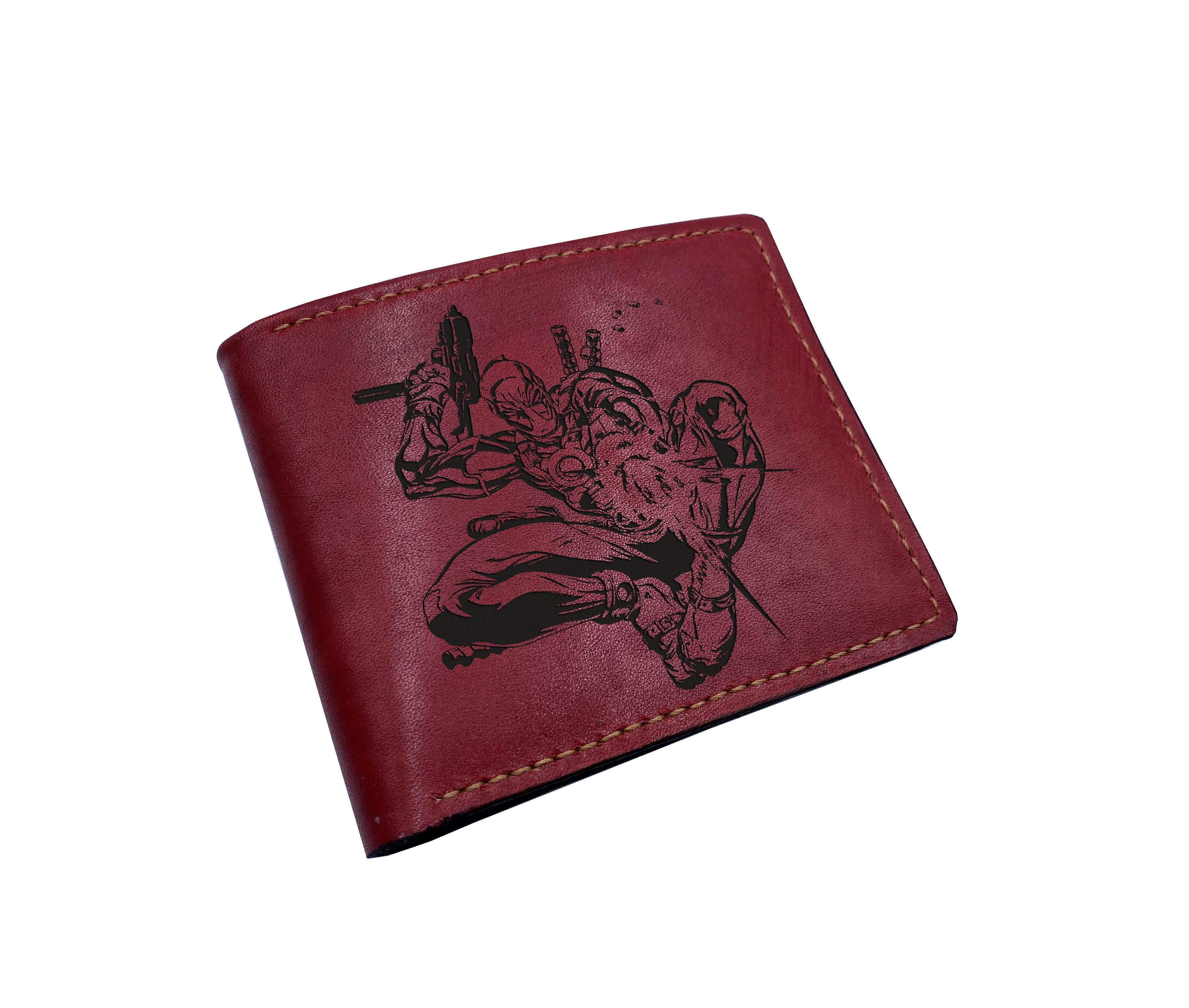ID card leather wallet, bifold leather wallet, superheroes drawing art wallet, deadpool gift ideas for him, marvel avenger wallet