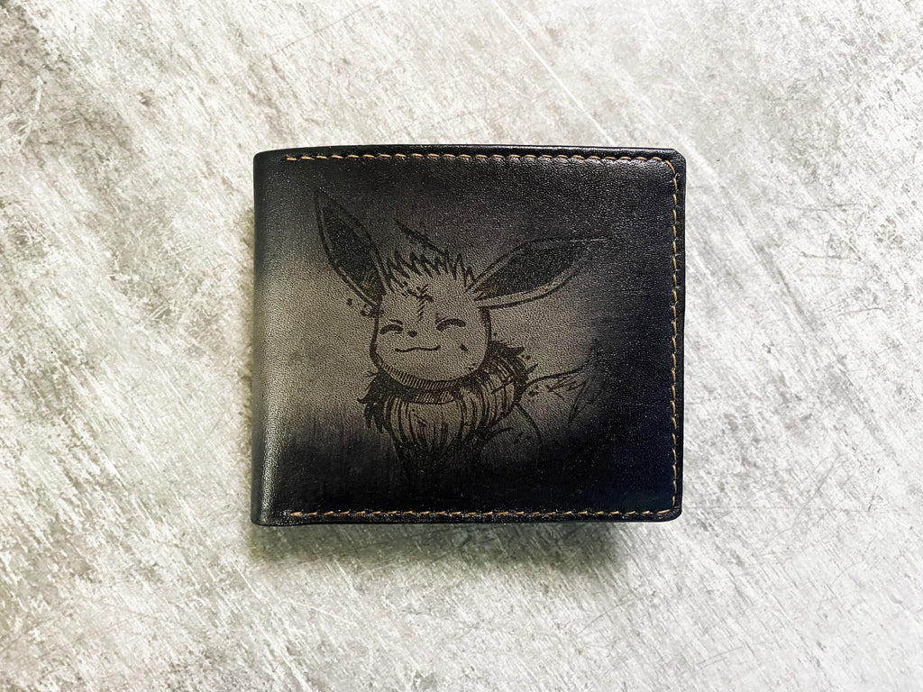 Eevee drawing cute art, custom genuine leather men's wallet, bifold pokemon men's wallet, wallet for kid, pokemon birthday present for him