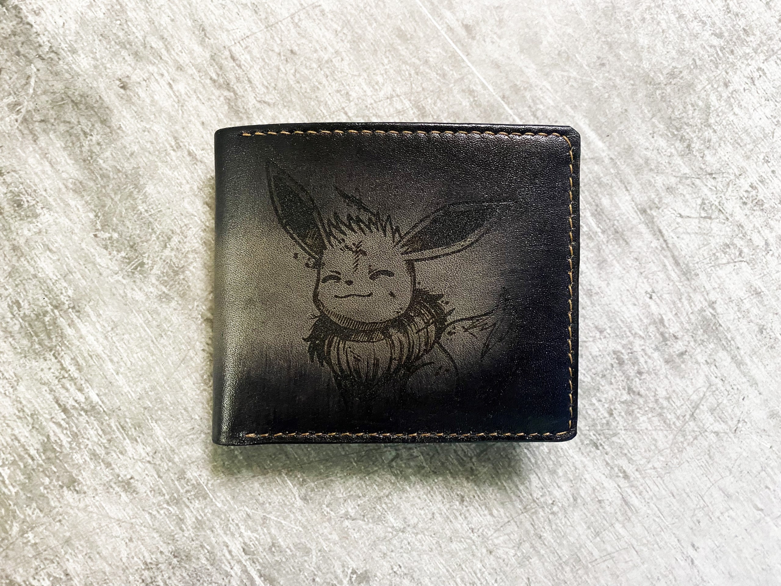 Eevee drawing cute art, custom genuine leather men's wallet, bifold pokemon men's wallet, wallet for kid, pokemon birthday present for him