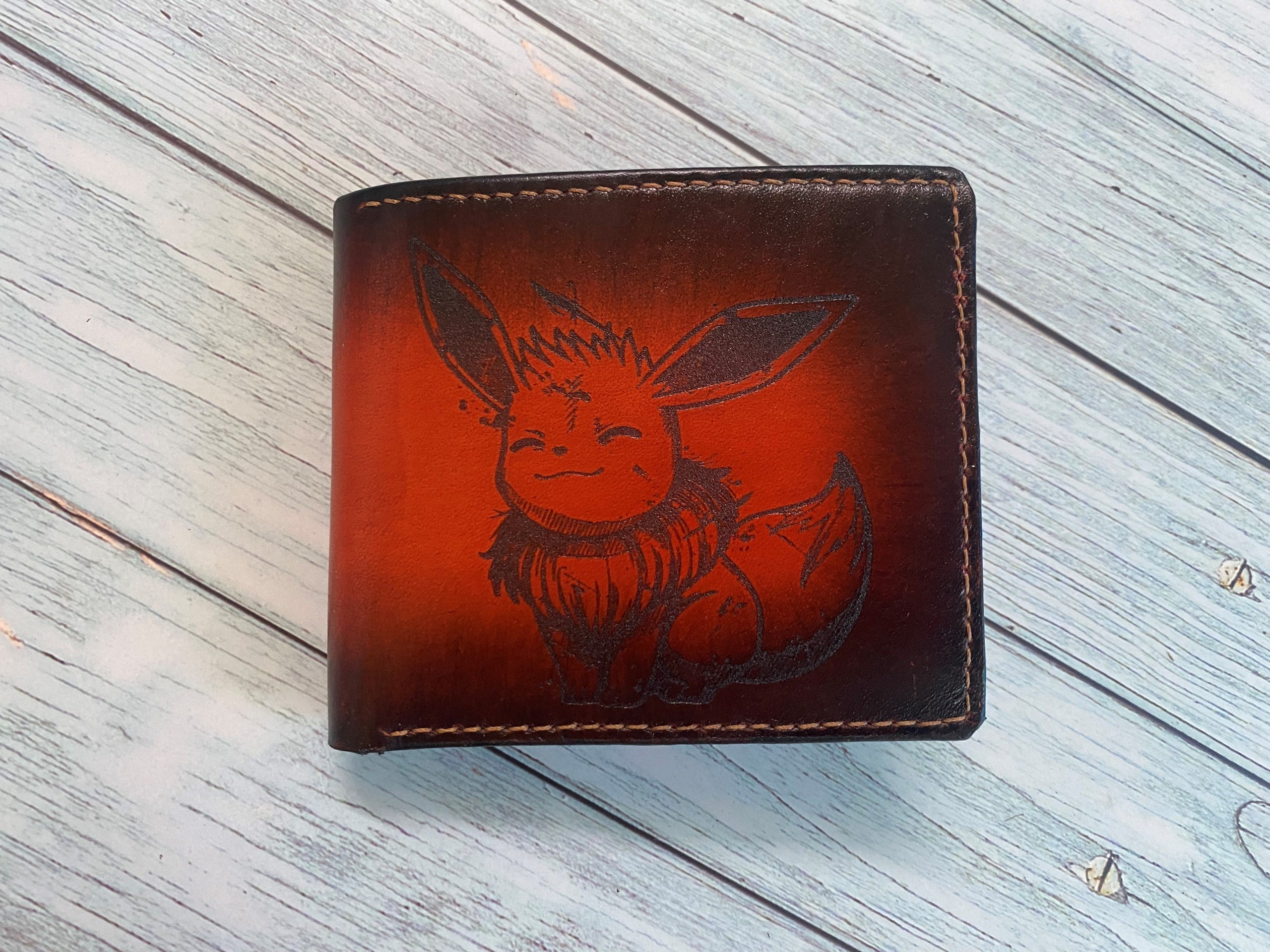 Eevee drawing cute art, custom genuine leather men's wallet, bifold pokemon men's wallet, wallet for kid, pokemon birthday present for him
