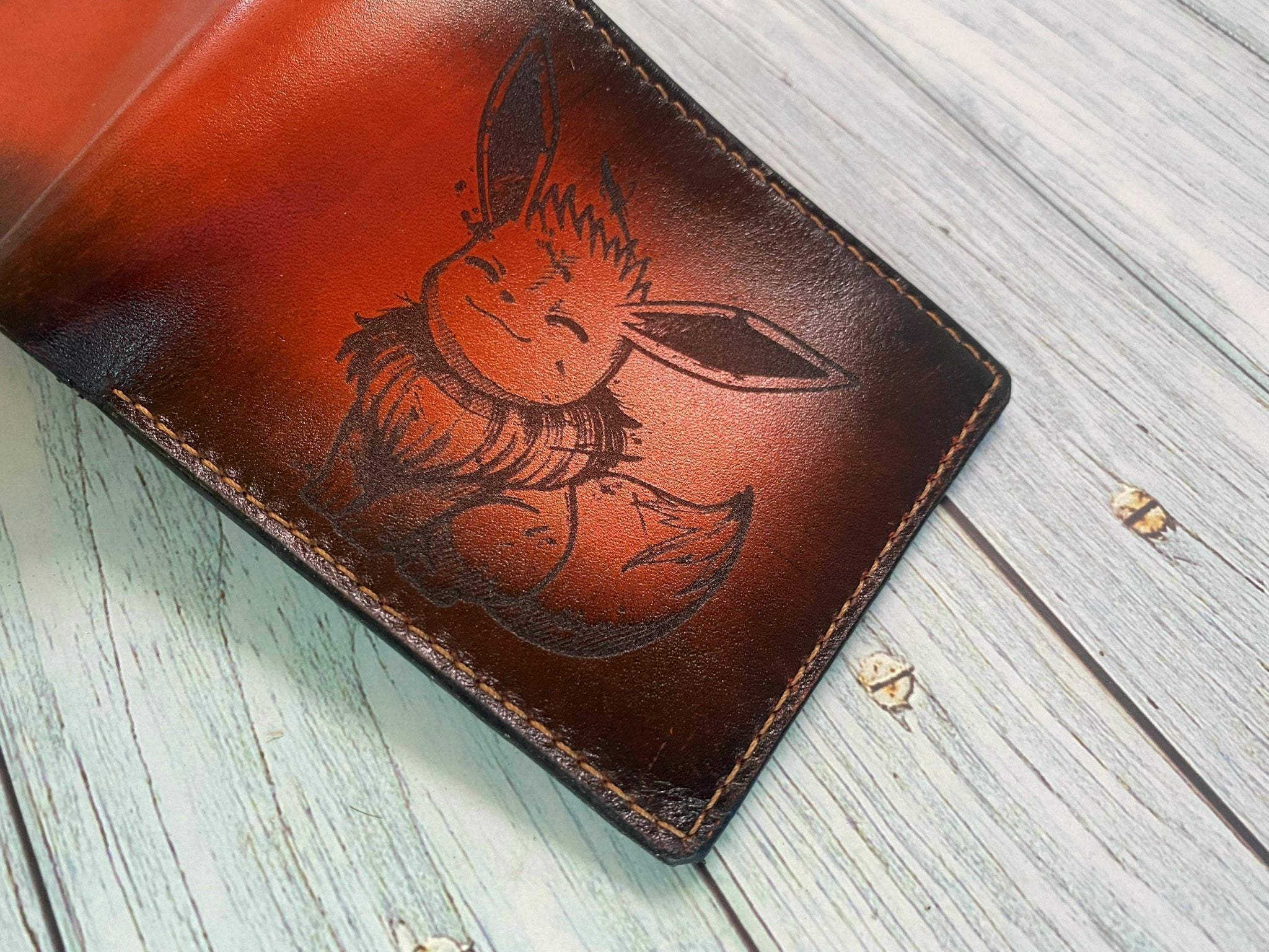 Eevee drawing cute art, custom genuine leather men's wallet, bifold pokemon men's wallet, wallet for kid, pokemon birthday present for him