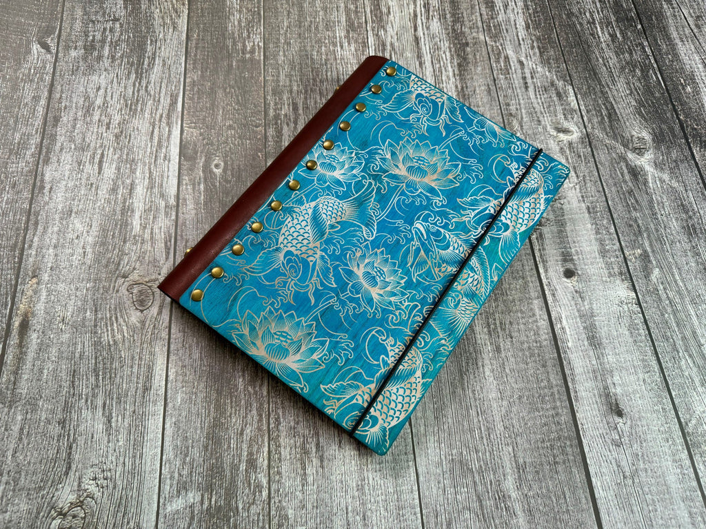 Koi fish wooden journal, Japanese pattern style journal, leather wood journal, notebook, customized refill wood journal, personalized gifts