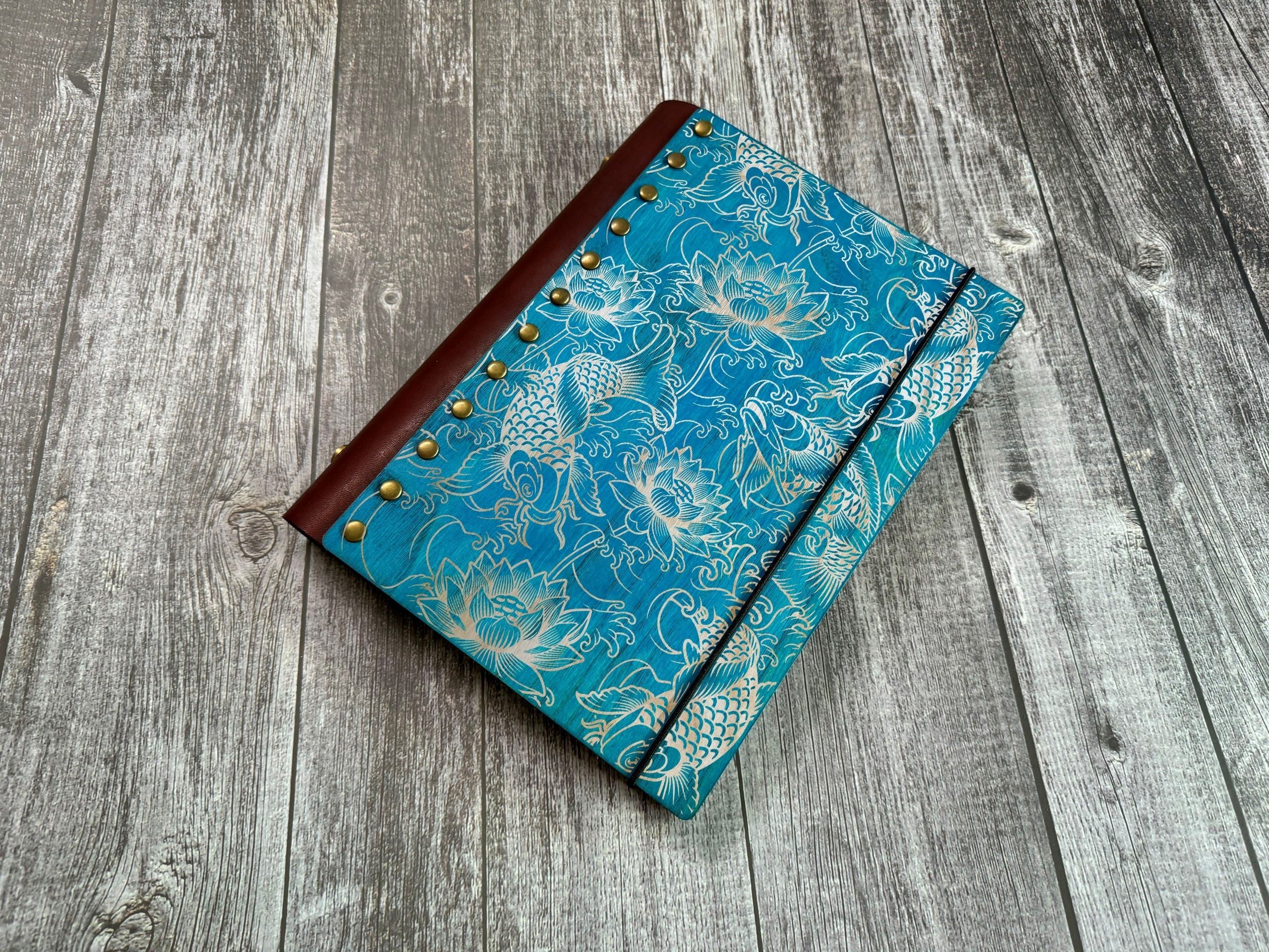 Koi fish wooden journal, Japanese pattern style journal, leather wood journal, notebook, customized refill wood journal, personalized gifts