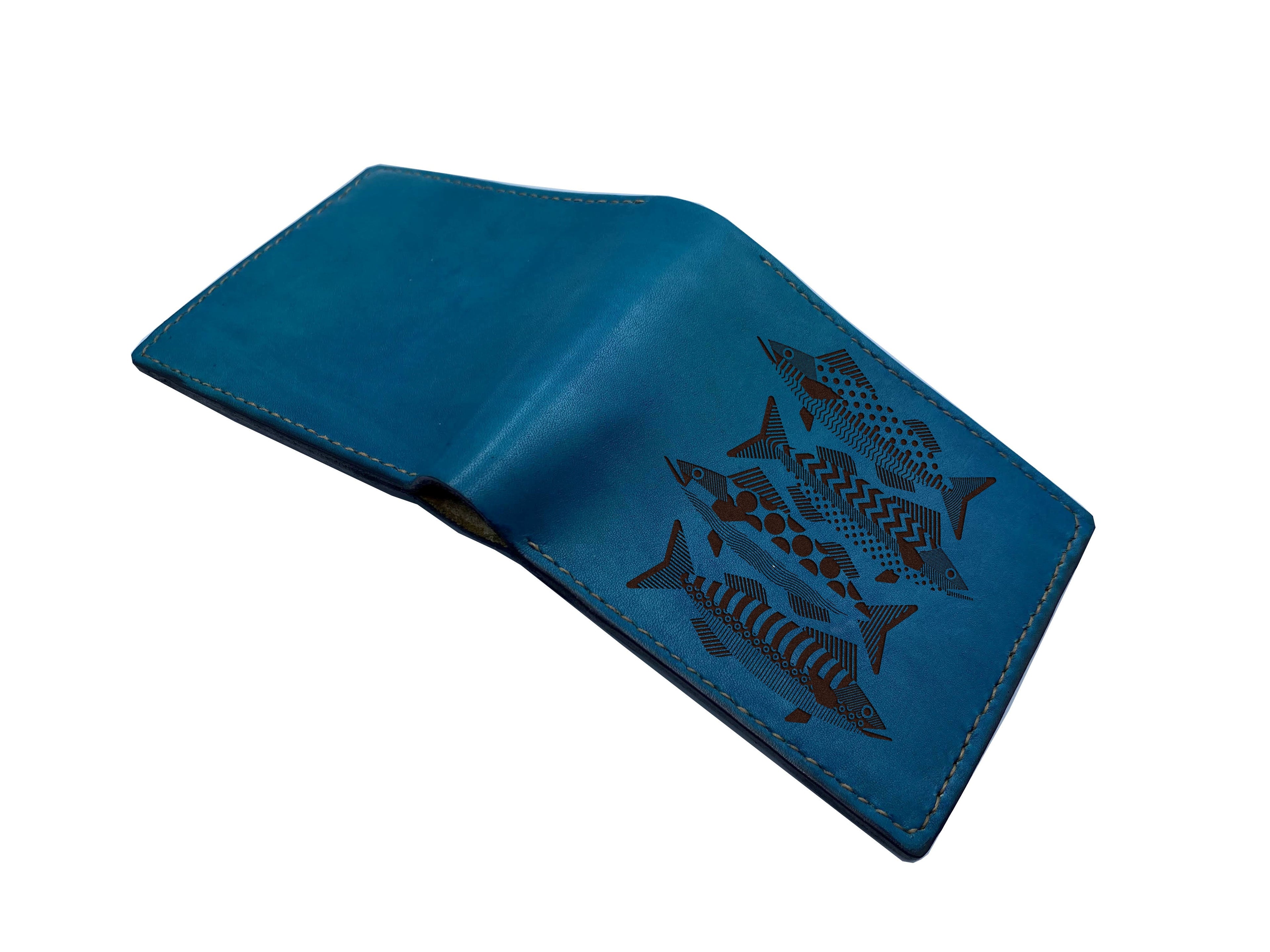 Fish pattern leather men's wallet, bifold ID card wallet, mini wallet with name engrave