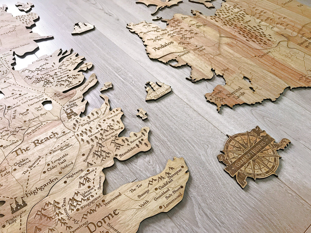 Mayan Corner - Westeros seven kingdom wooden map wall decor, Essos G.G Martin wall art, Game of Thrones details map wall decoration