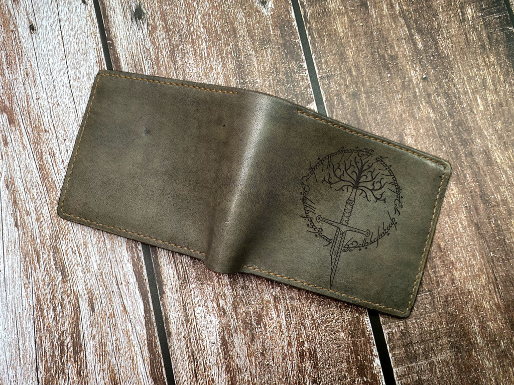 The lord of the rings leather men's wallet, Gondor tree sword with Ring Verse art wallet, Gondor broken sword pattern, birthday gift for men