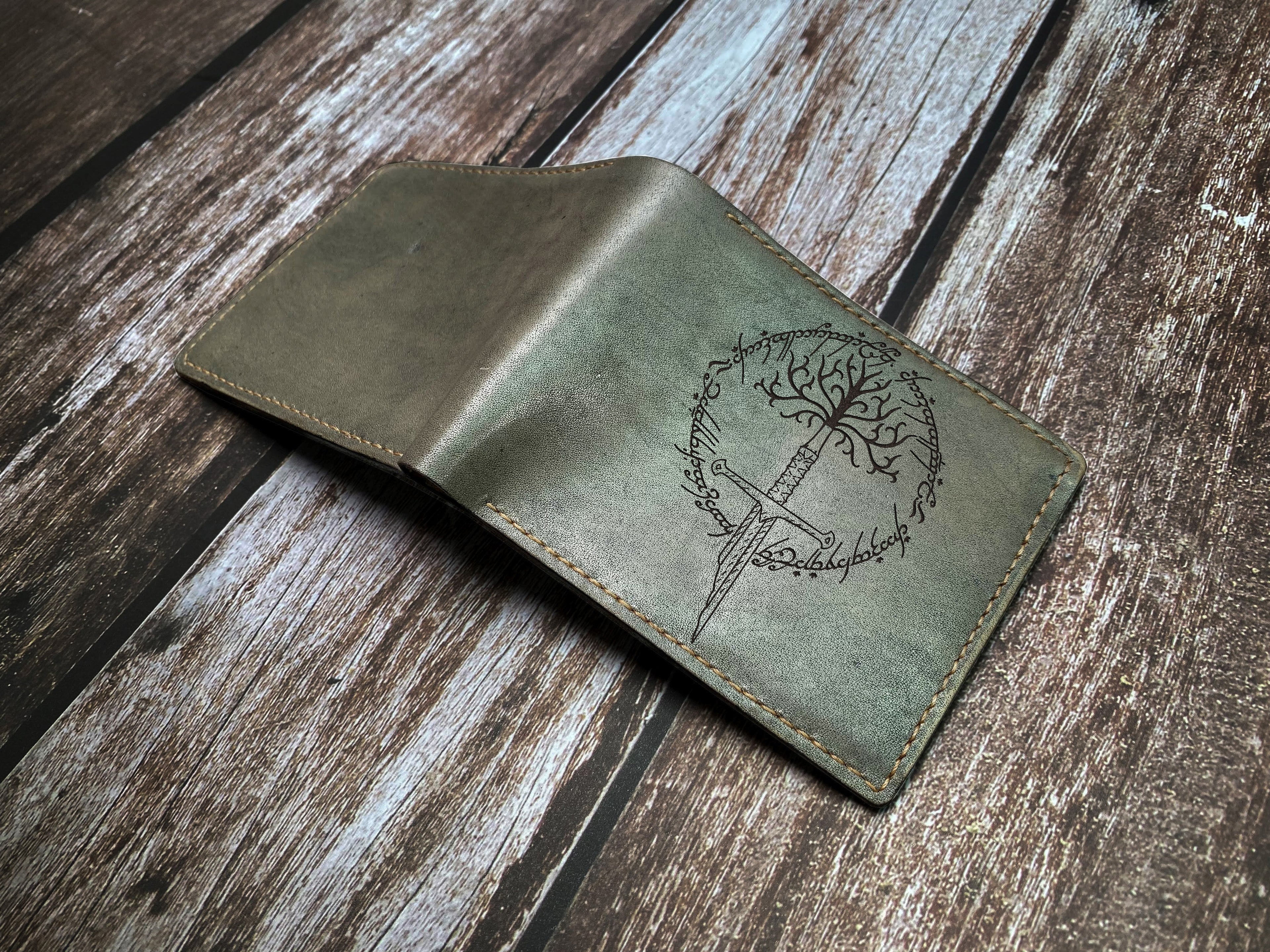 The lord of the rings leather men's wallet, Gondor tree sword with Ring Verse art wallet, Gondor broken sword pattern, birthday gift for men