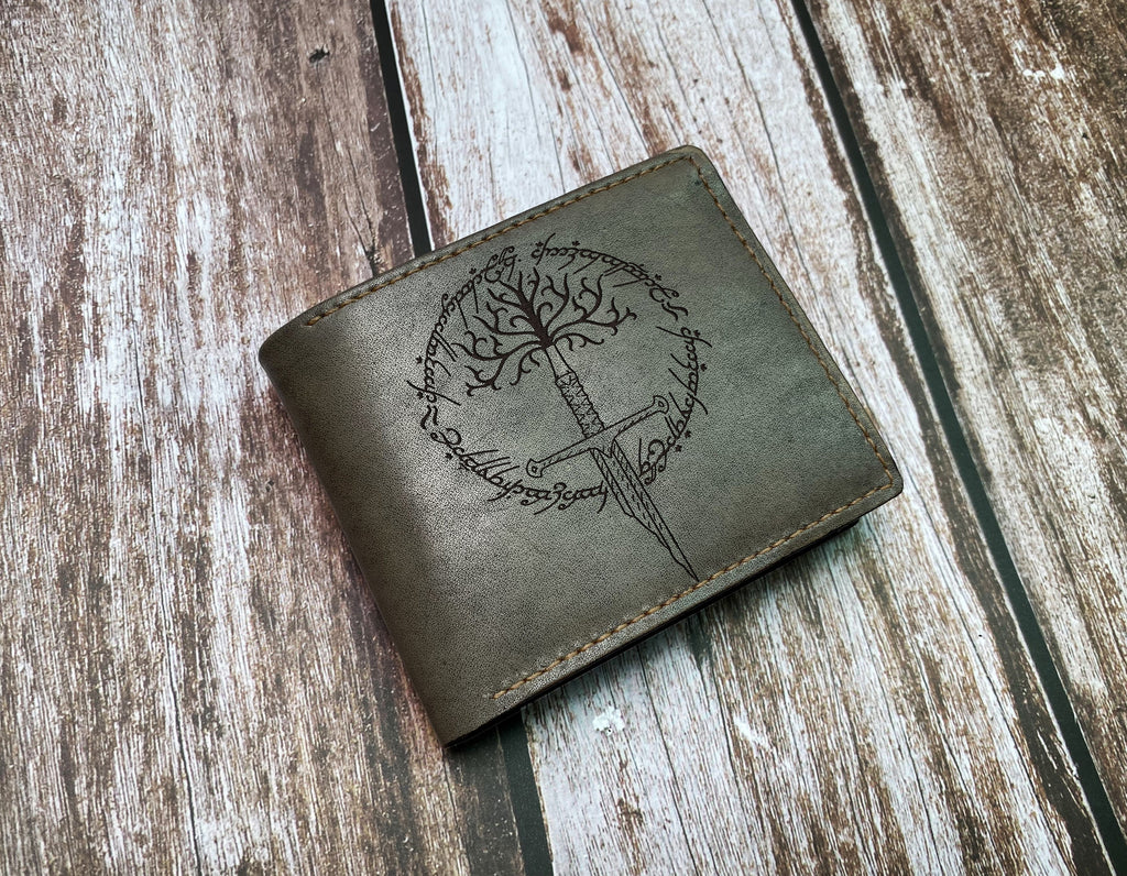The lord of the rings leather men's wallet, Gondor tree sword with Ring Verse art wallet, Gondor broken sword pattern, birthday gift for men