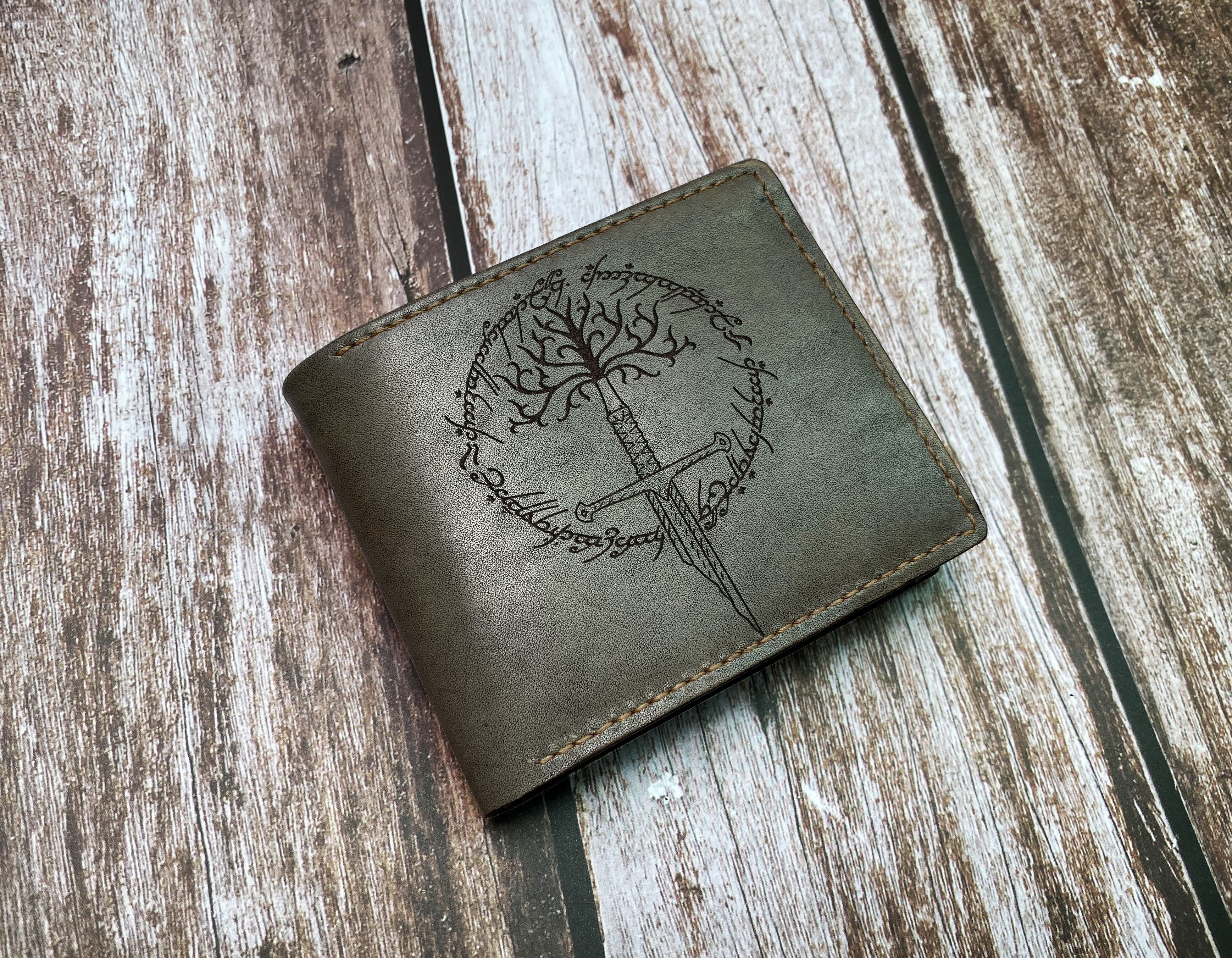 The lord of the rings leather men's wallet, Gondor tree sword with Ring Verse art wallet, Gondor broken sword pattern, birthday gift for men