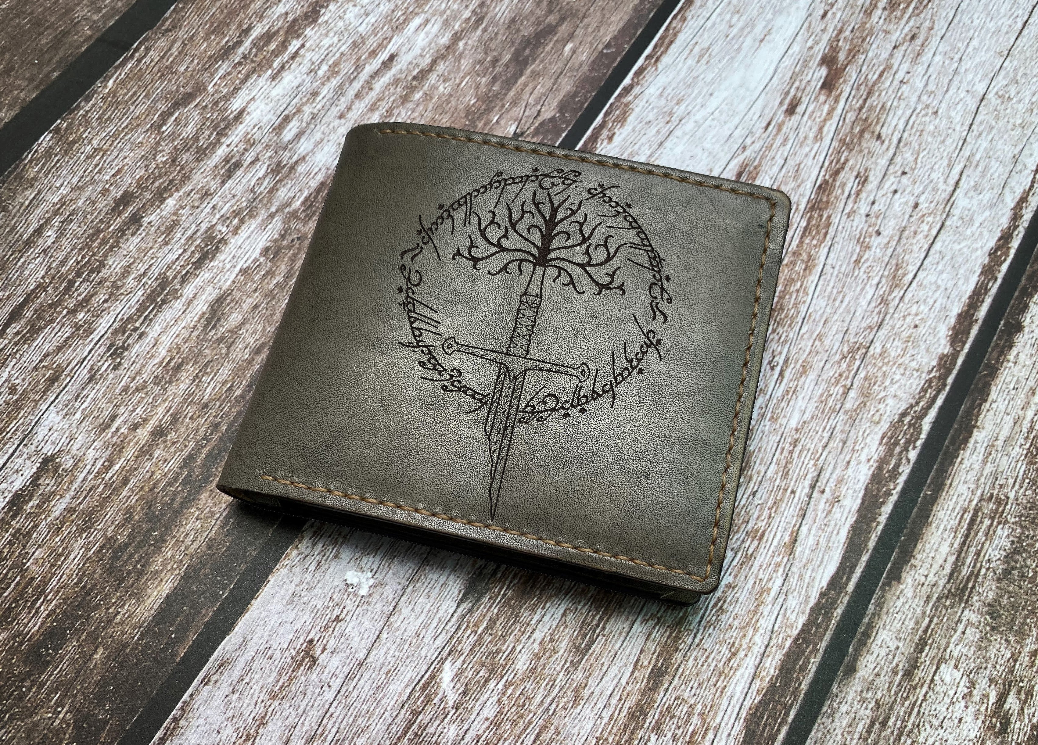 The lord of the rings leather men's wallet, Gondor tree sword with Ring Verse art wallet, Gondor broken sword pattern, birthday gift for men