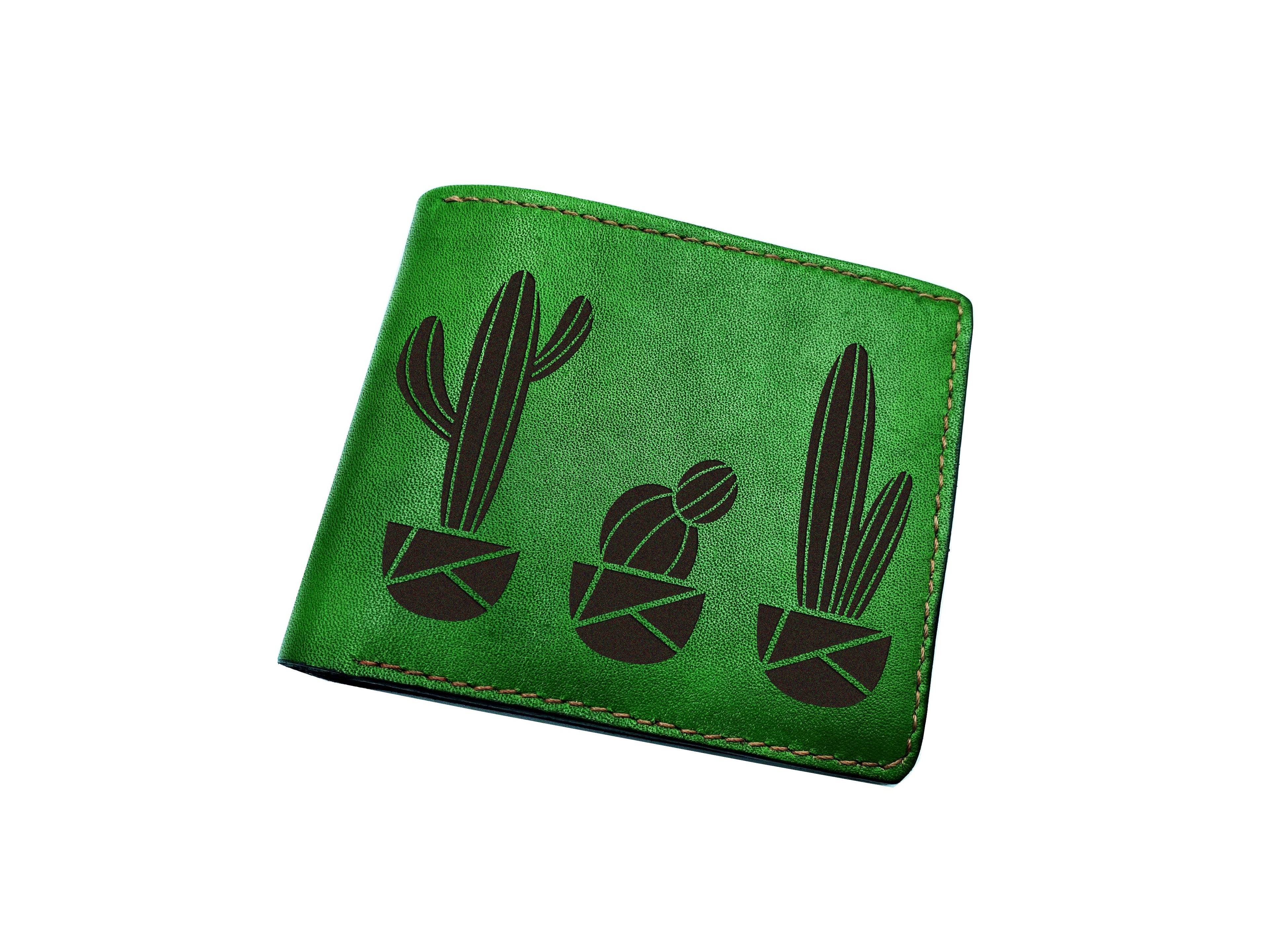 Personalized leather men's wallet, catus shape art present, plant inspired men's wallet