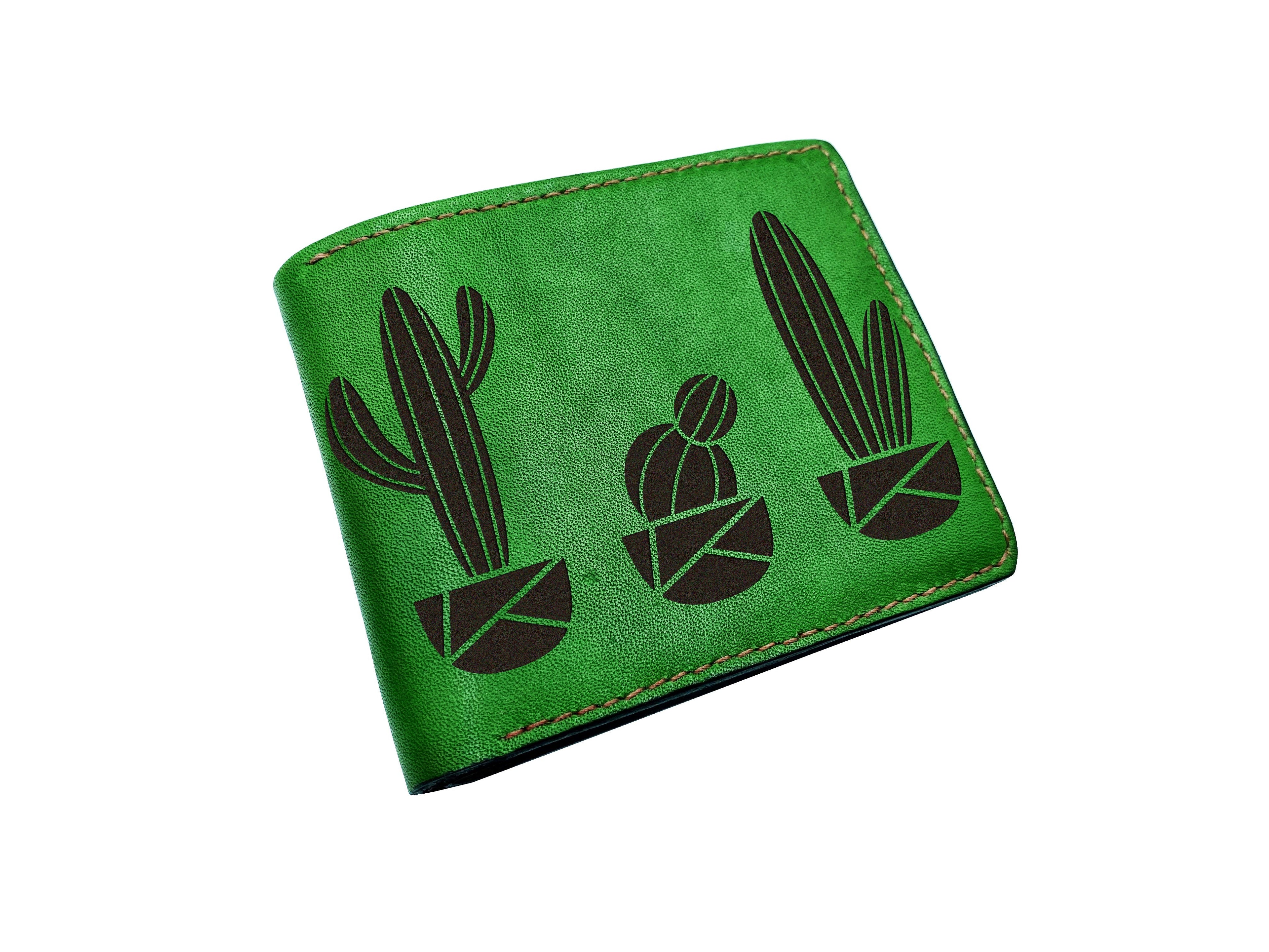 Personalized leather men's wallet, catus shape art present, plant inspired men's wallet