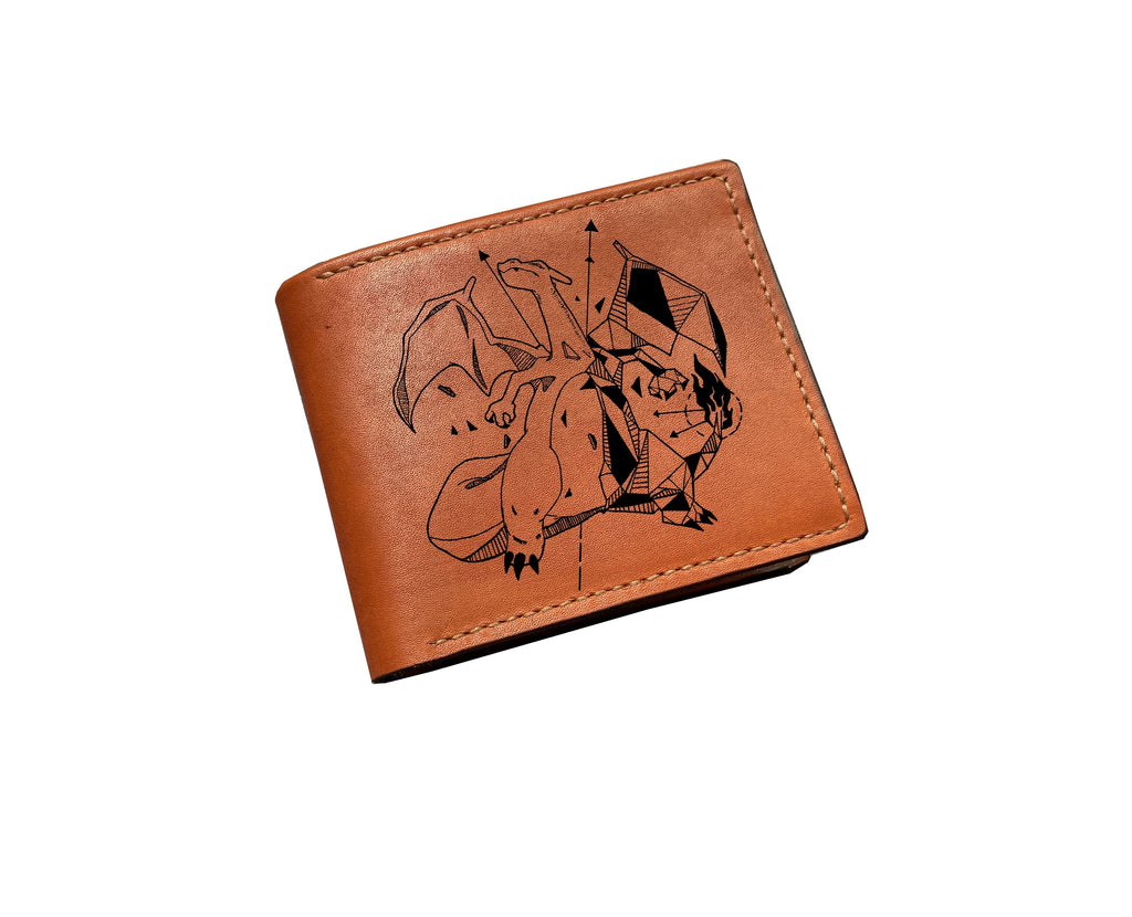 Mayan Corner - Pokemon geometric art leather handmade wallet, leather gift for dad, husband, brother - Dragonite evolution