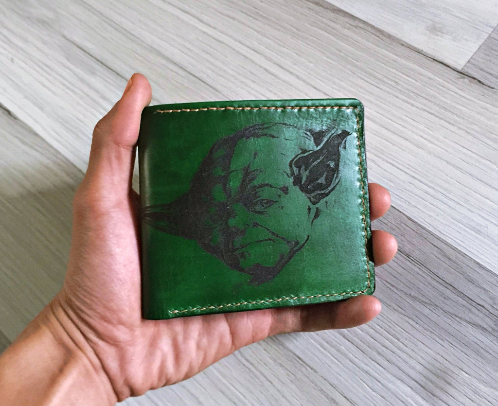 Mayan Corner - Master Yoda Starwars personalized leather handmade men's wallet, custom birthday wedding anniversary present for him, Father boyfriend brother