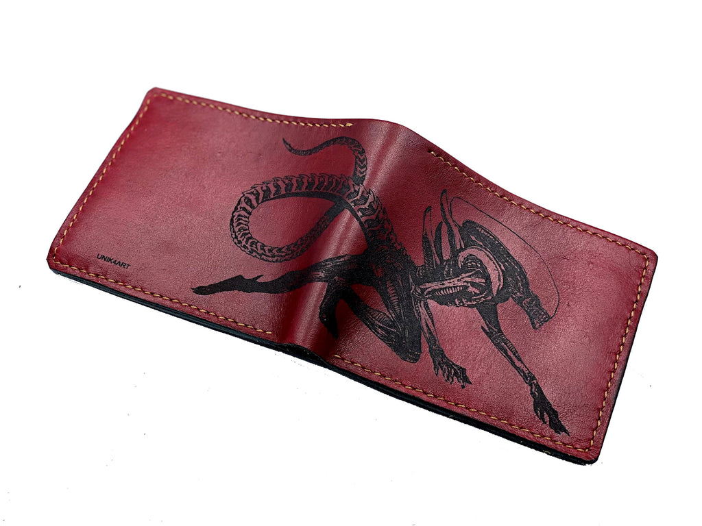 Mayan Corner - Aliens xenomorph monster leather handmade men's wallet, custom gifts for him, father's day gifts, anniversary gift for men
