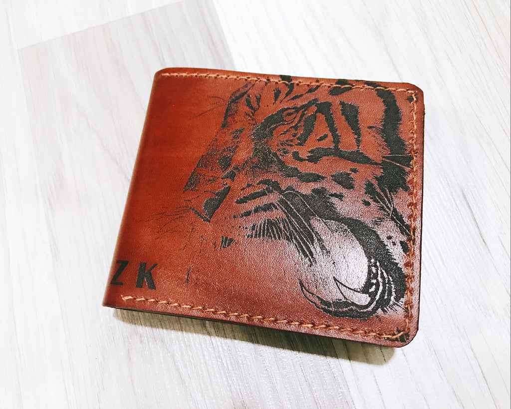 Mayan Corner - Tiger animal leather handmade men's wallet, custom gifts for him, father's day birthday gifts, anniversary gift for men