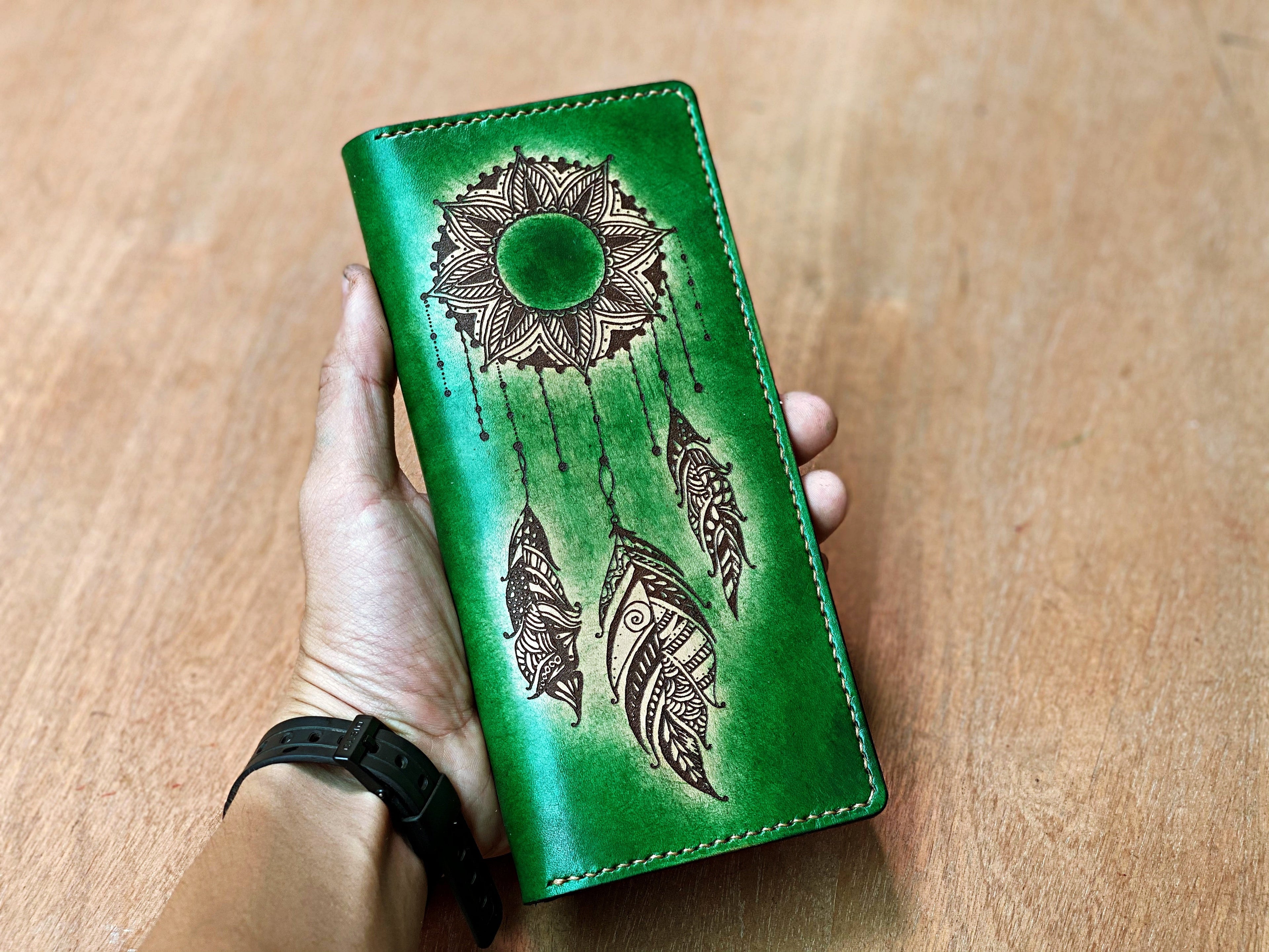 Floral Moon personalized genuine leather handmade bifold long women wallet, floral wallet for girls, moon and sun floral gifts for girlfriend, mother