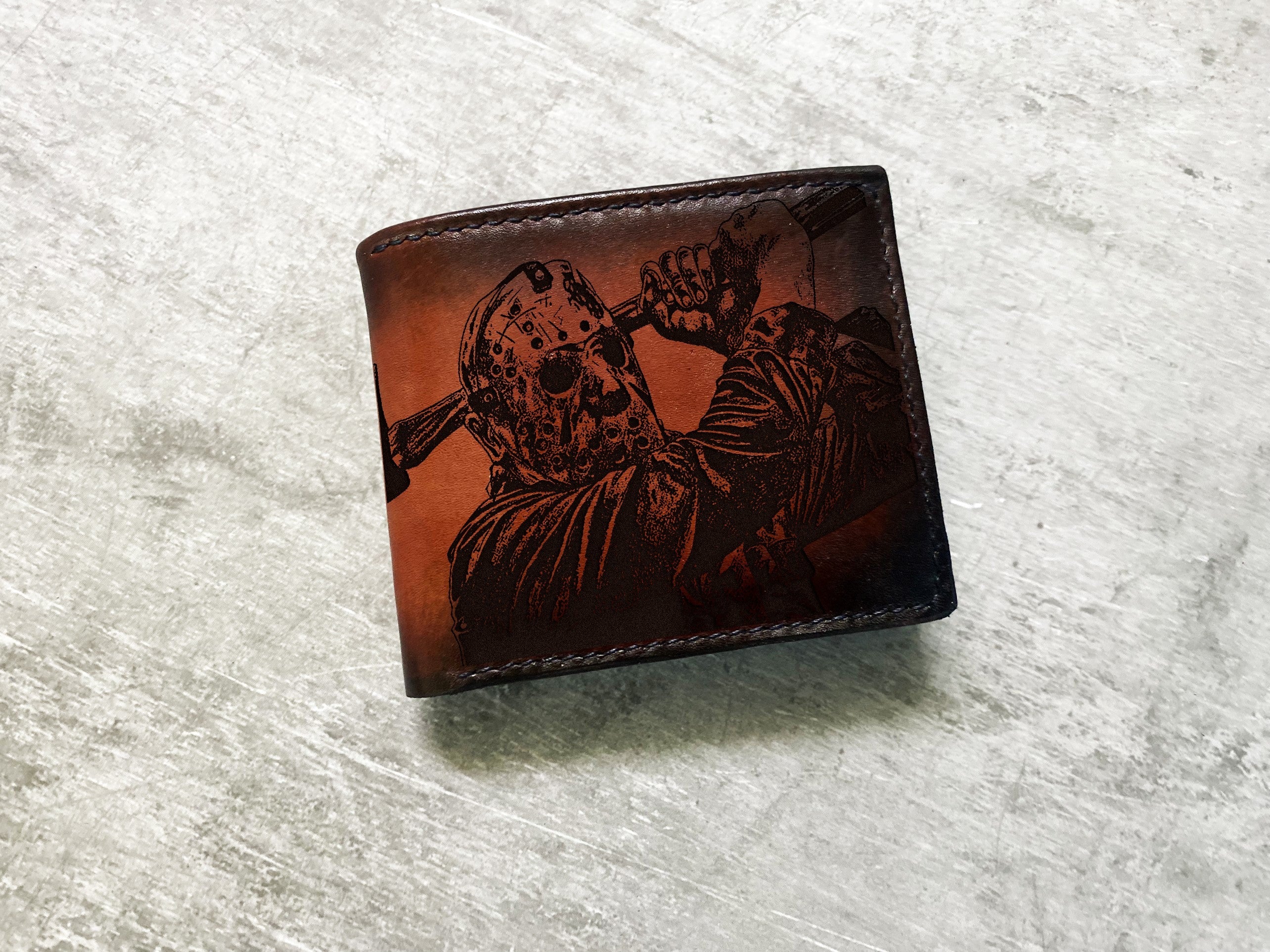 Jason Voorhees leather men's wallet, custom gift for men, horror characters movie present, Halloween gift for him, Friday the 13th men gift