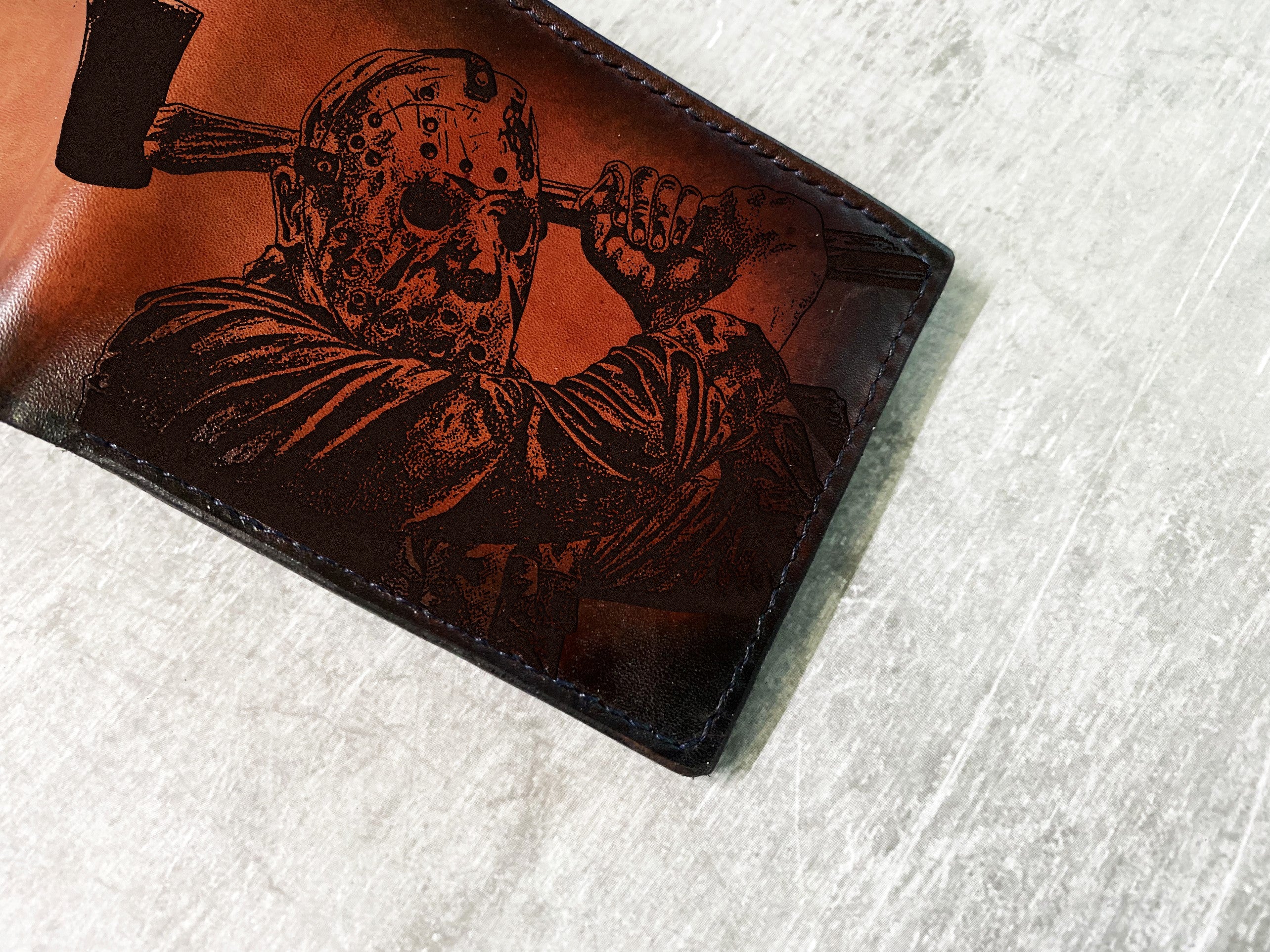 Jason Voorhees leather men's wallet, custom gift for men, horror characters movie present, Halloween gift for him, Friday the 13th men gift