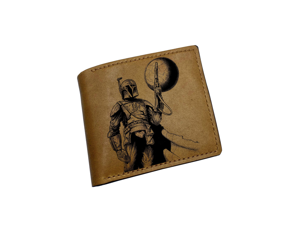 Personalized Starwars leather wallet for him, Mandalorian modern art gift, gift for Starwars fan, cool wallet for dad