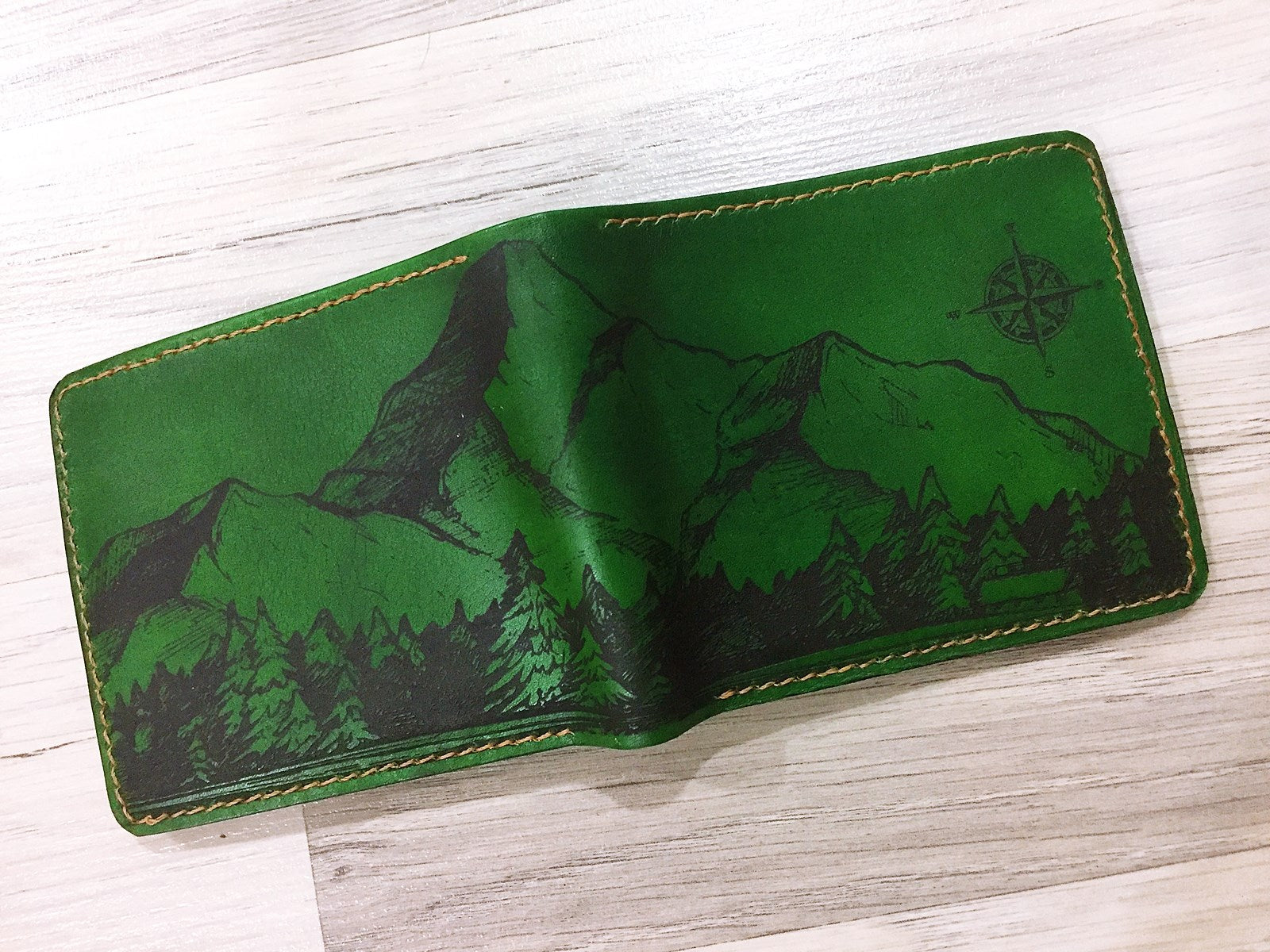 Mayan Corner - Mountain landscape natural leather handmade men's wallet, custom gifts for him, father's day gifts, birthday gift 2021