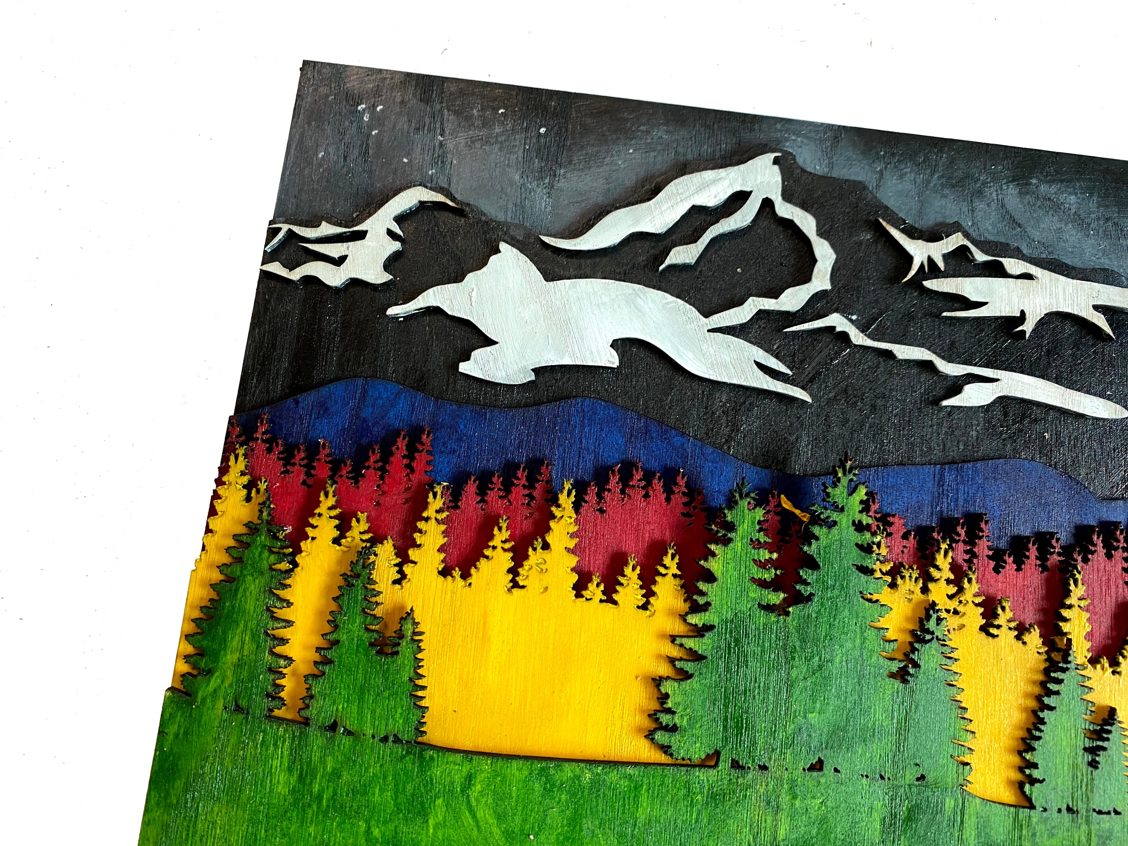 Wooden wall art home decor, Mountain tree landscape 3D multi layers hanging wooden picture, nature scene wall art decor, livingroom kitchen bedroom morden art