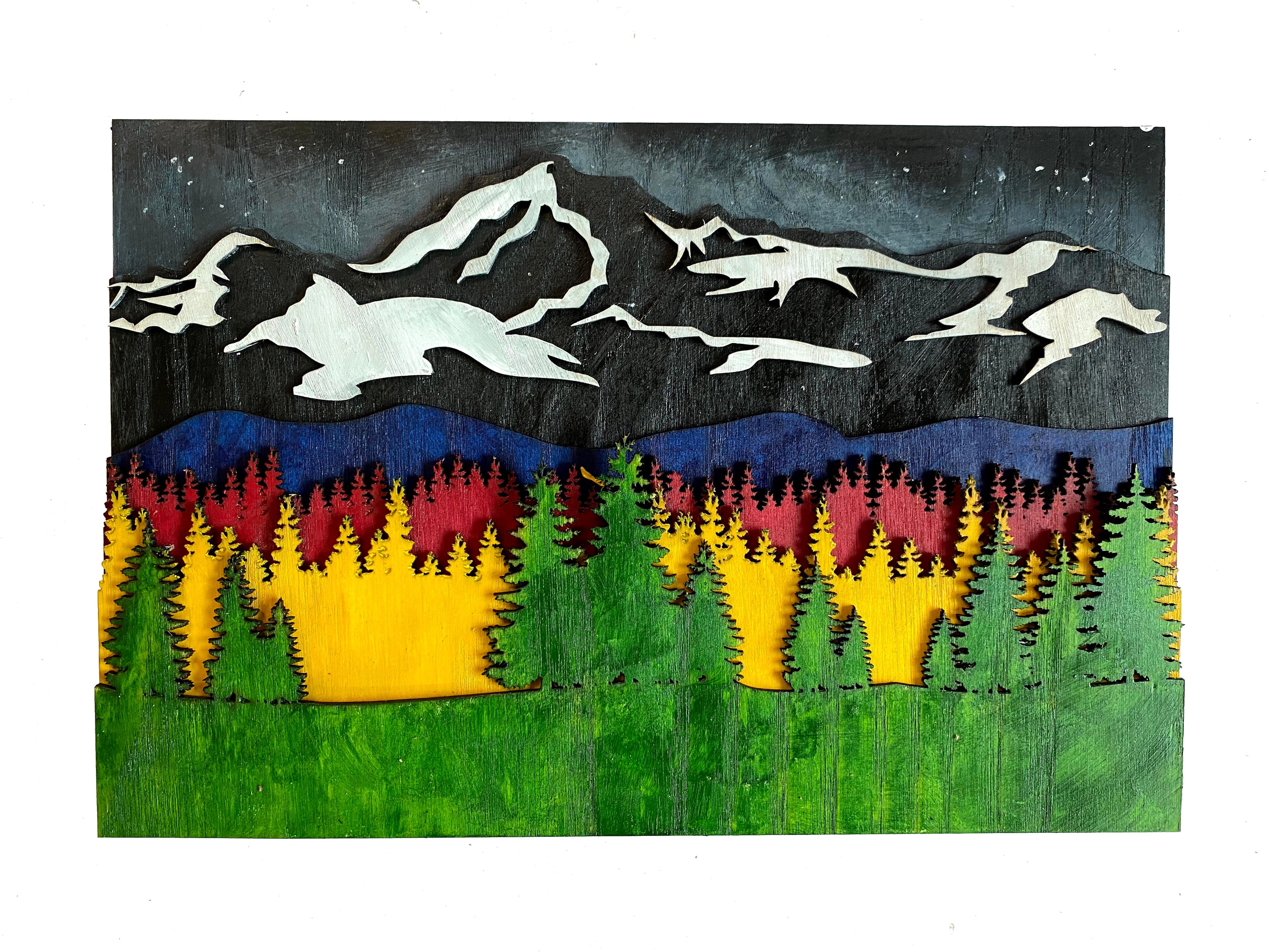 Wooden wall art home decor, Mountain tree landscape 3D multi layers hanging wooden picture, nature scene wall art decor, livingroom kitchen bedroom morden art