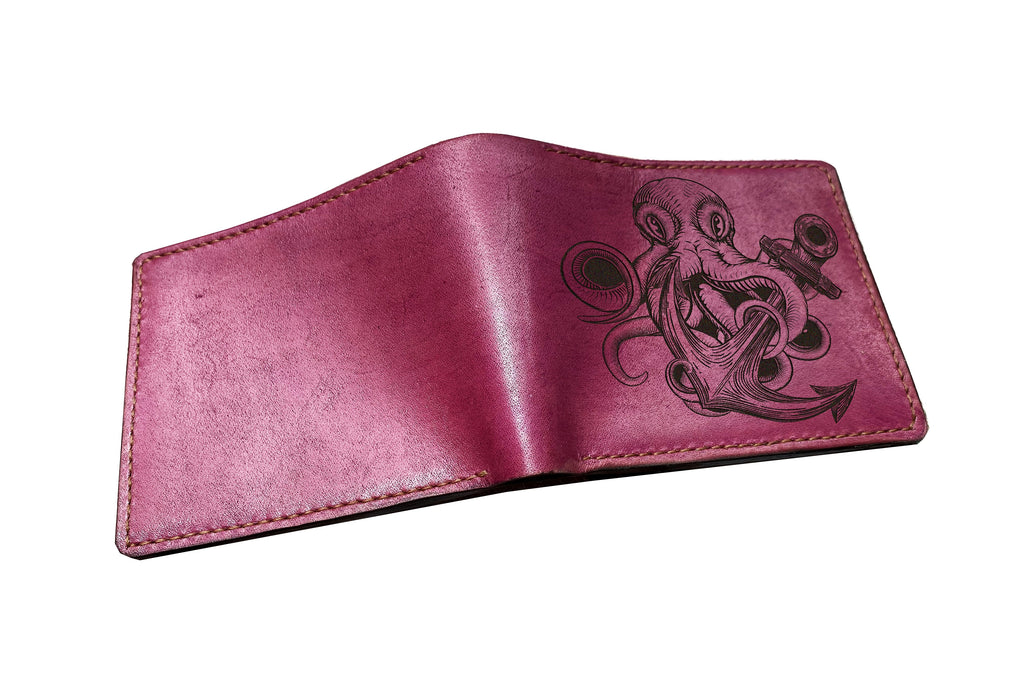 Octopus Kraken leather wallet, customized gift ideas for him, sailor seafarer present, steering wheel ocean art wallet for men