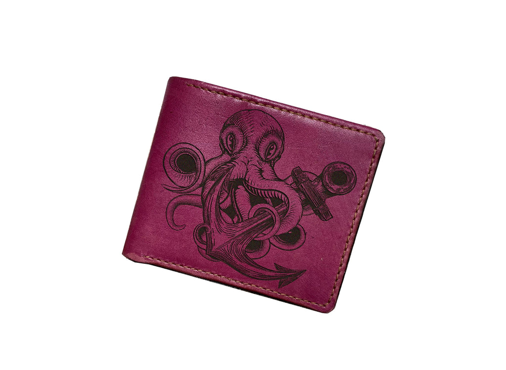 Octopus Kraken leather wallet, customized gift ideas for him, sailor seafarer present, steering wheel ocean art wallet for men