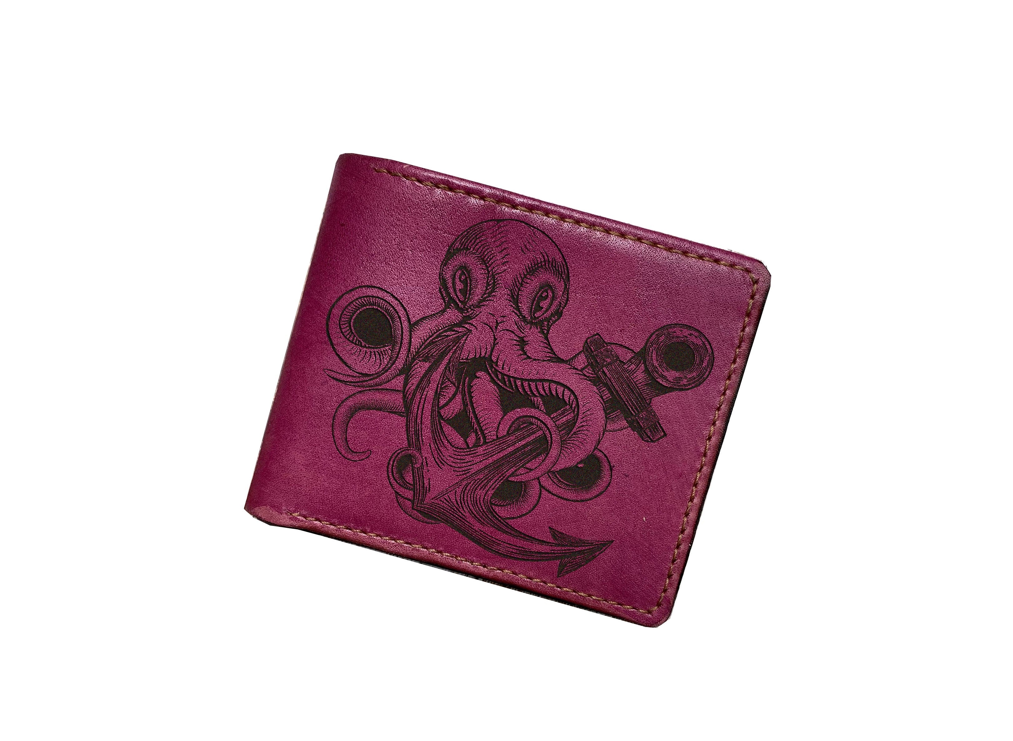 Octopus Kraken leather wallet, customized gift ideas for him, sailor seafarer present, steering wheel ocean art wallet for men