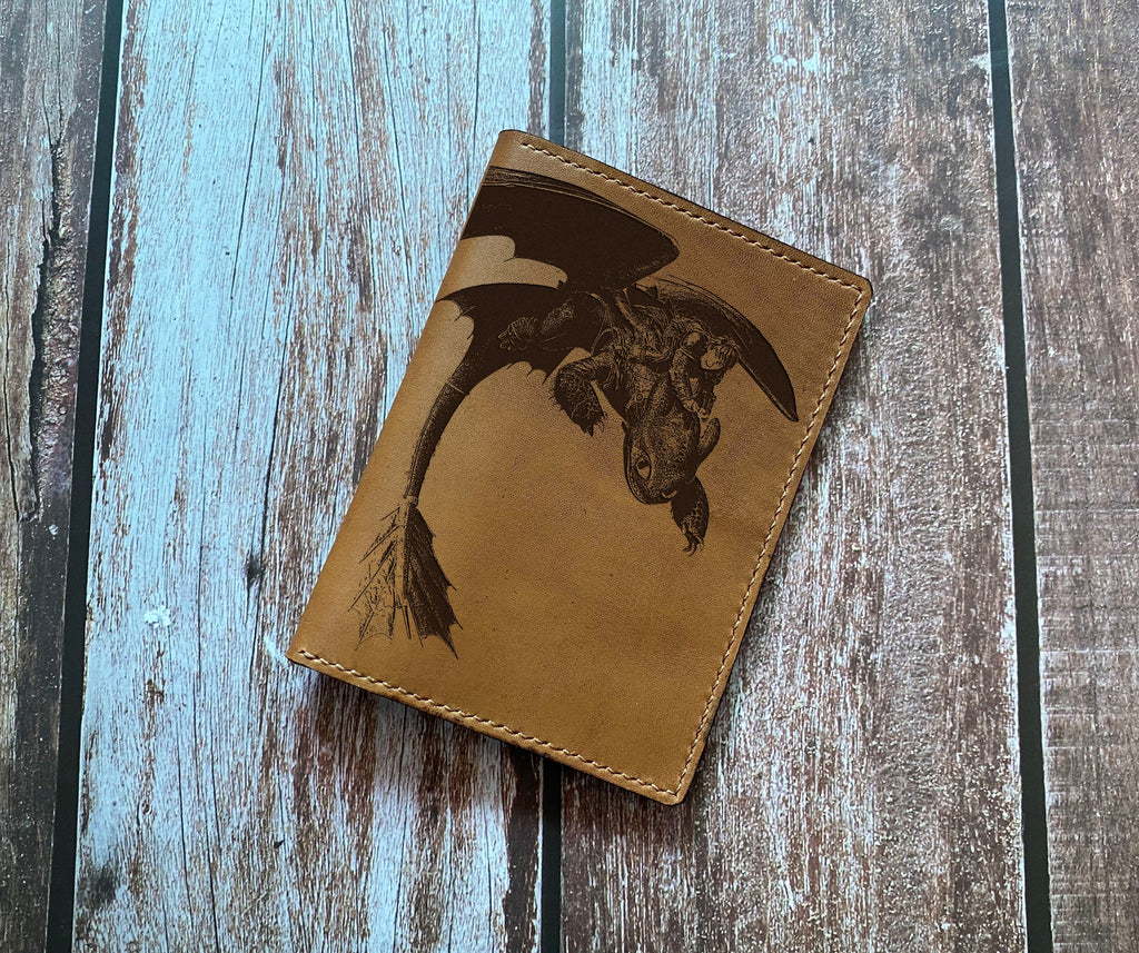 Toothless dragon leather handmade passport wallet, How to train your dragon leather wallet, custom leather cool wallet for him