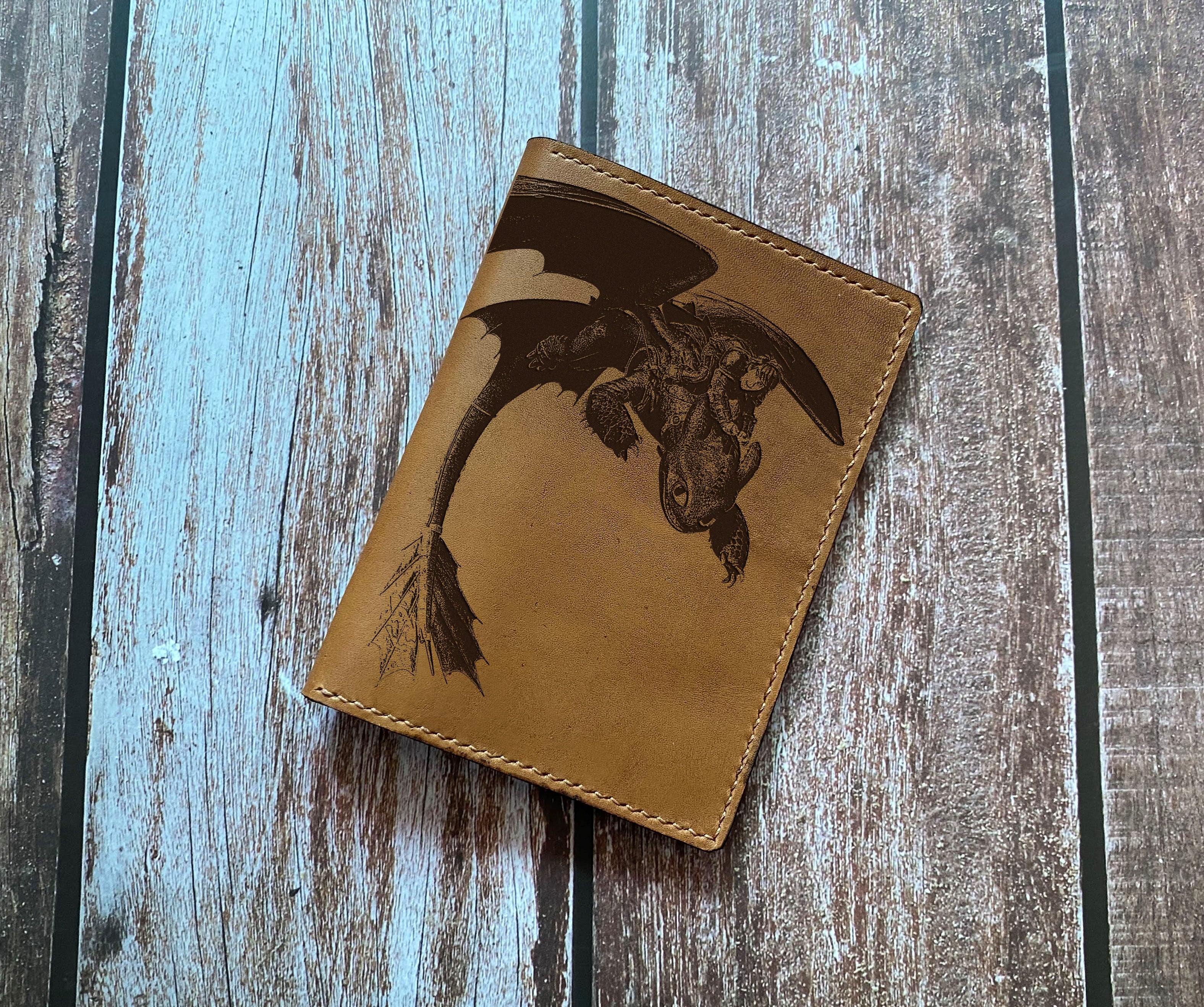 Toothless dragon leather handmade passport wallet, How to train your dragon leather wallet, custom leather cool wallet for him