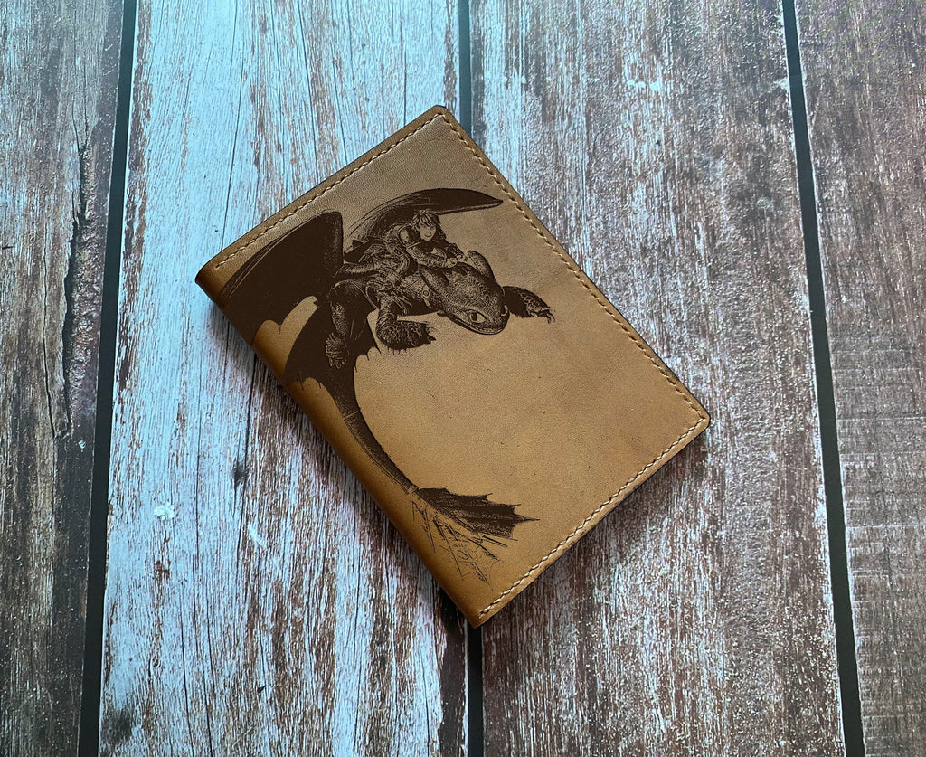 Toothless dragon leather handmade passport wallet, How to train your dragon leather wallet, custom leather cool wallet for him