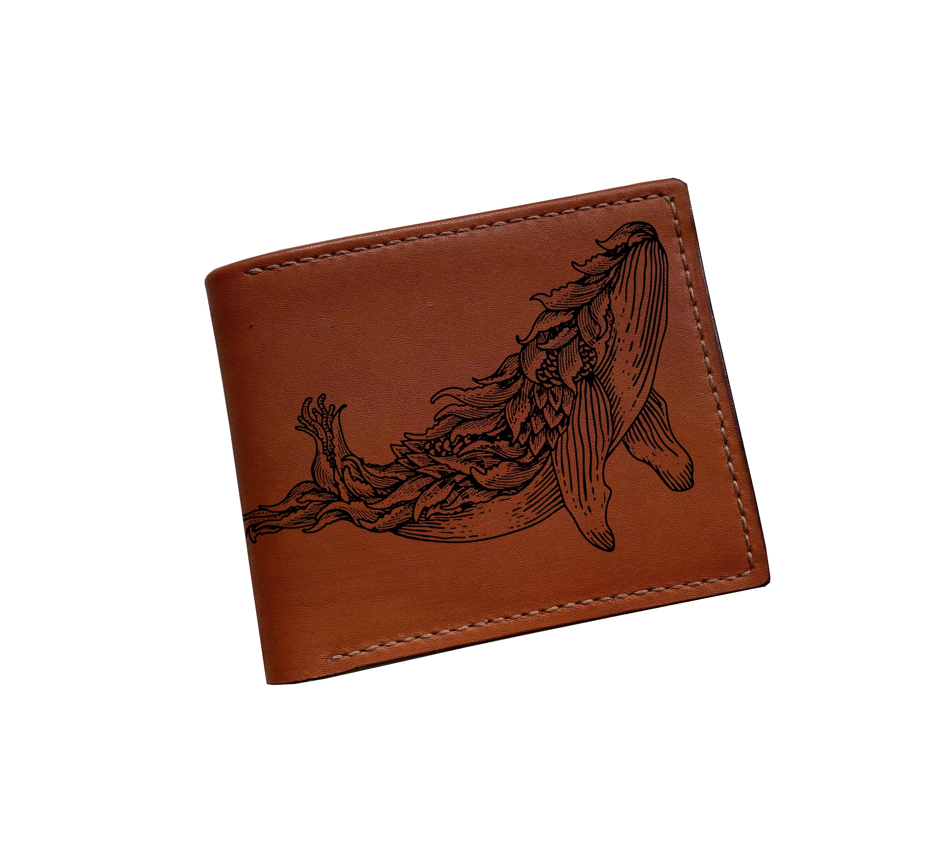 Mayan Corner - Whales genuine leather wallet, ocean sea animal pattern gift, customized leather wallet