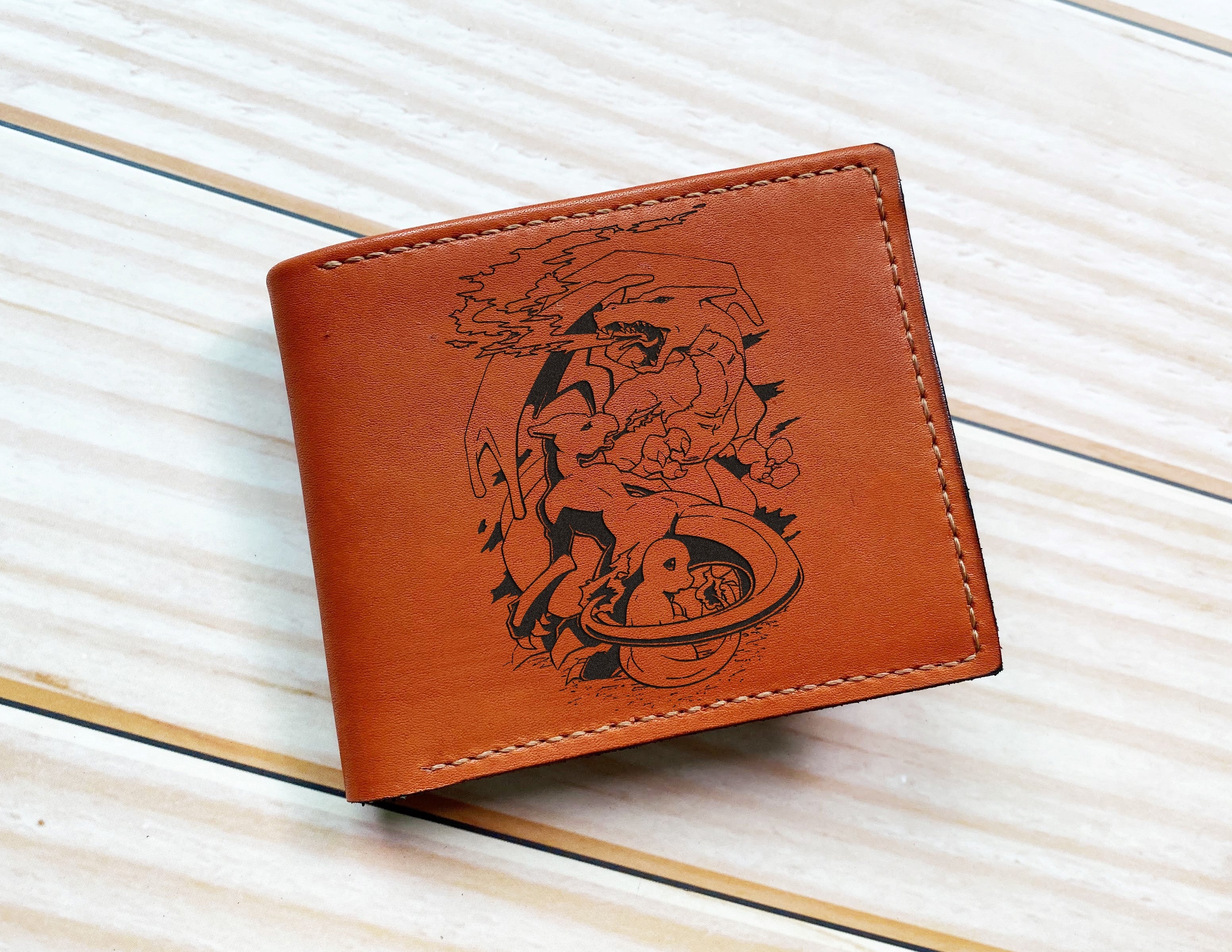 Charizard Chamander pokemon art leather wallet, personalized leather gift ideas, bifold genuine leather wallet, gift for him