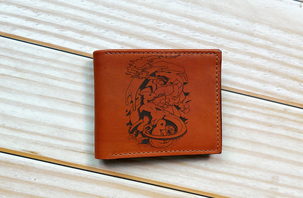 Charizard Chamander pokemon art leather wallet, personalized leather gift ideas, bifold genuine leather wallet, gift for him