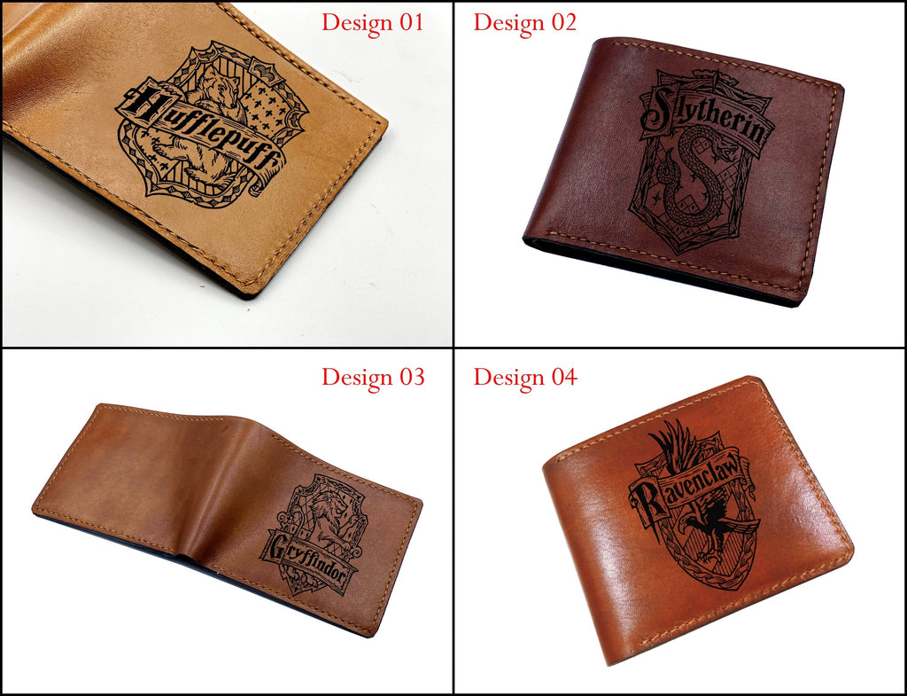 Mayan Corner - Harry Porter leather men wallet, Hogwarts houses logo engraving wallet, customized leather gift for dad, brother, husband