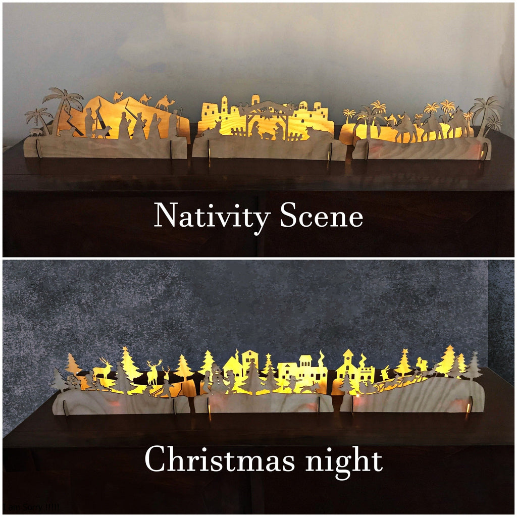 Christmas Wooden Decorations, Fireplace Mantel Decorating, Mantelpiece ideas, Christmas light Nativity Scene Xmas night Window Wooden ornaments