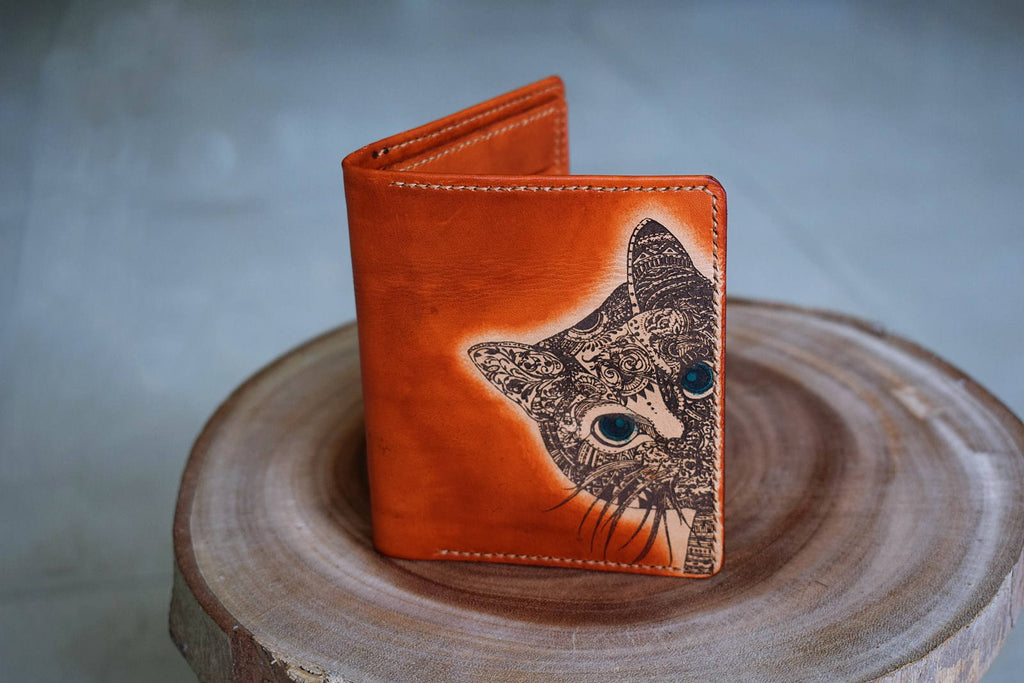 Personalized leather handmade floral cat women bifold wallet, mini wallet for her, gift for girlfriend, mother day gifts, animal wallet