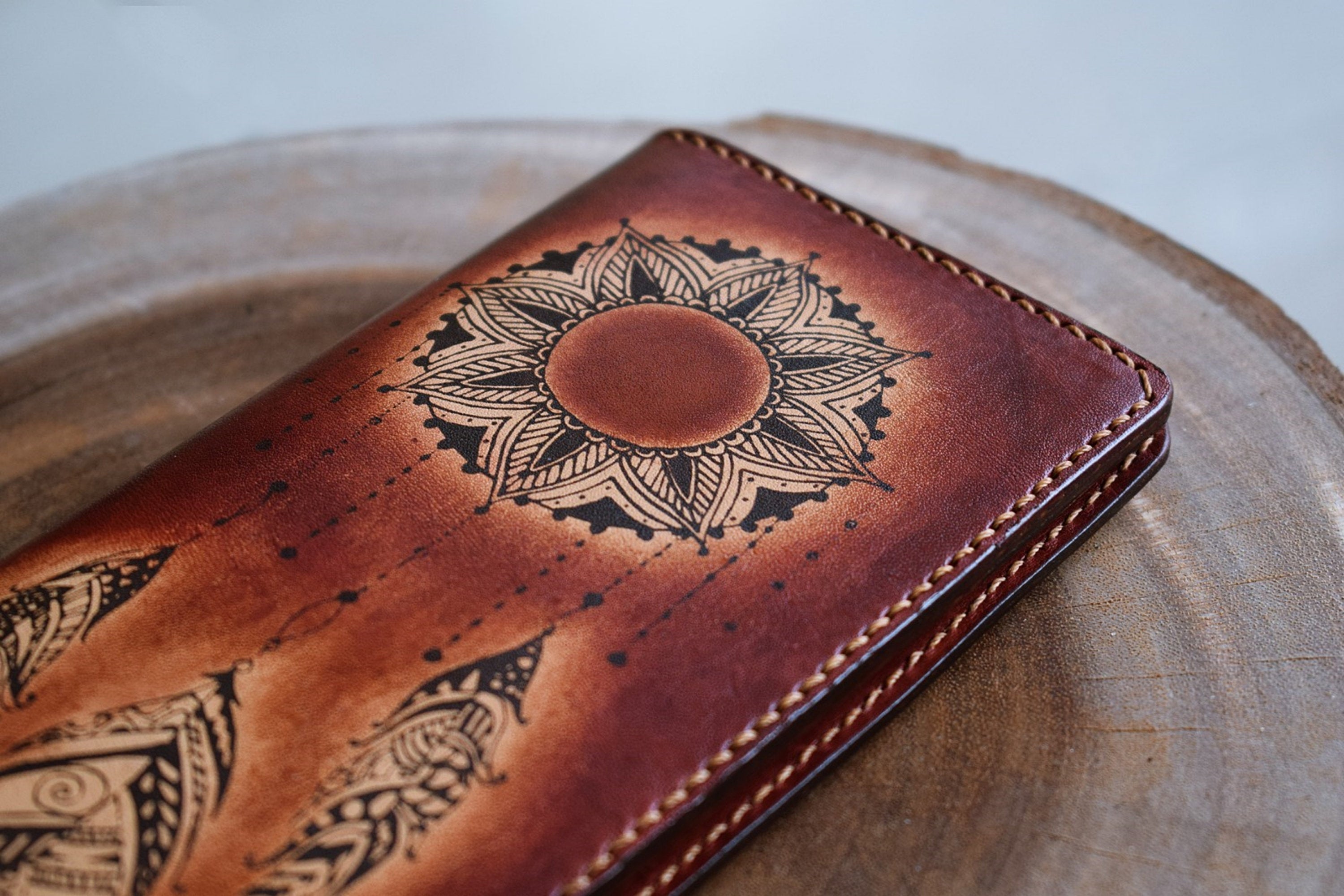 Floral Moon personalized genuine leather handmade bifold long women wallet, floral wallet for girls, moon and sun floral gifts for girlfriend, mother