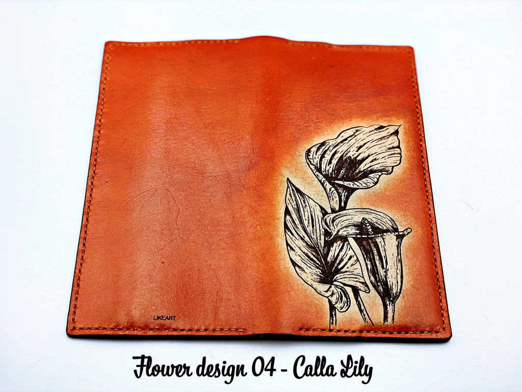 Personalized leather handmade long bifold flowers wallet for women, gift for her, mother's day gift