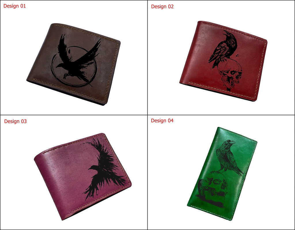 Personalized leather wallet, bifold men wallet, raven moon sign art drawing pattern, celtic style leather wallet for men, gift for him