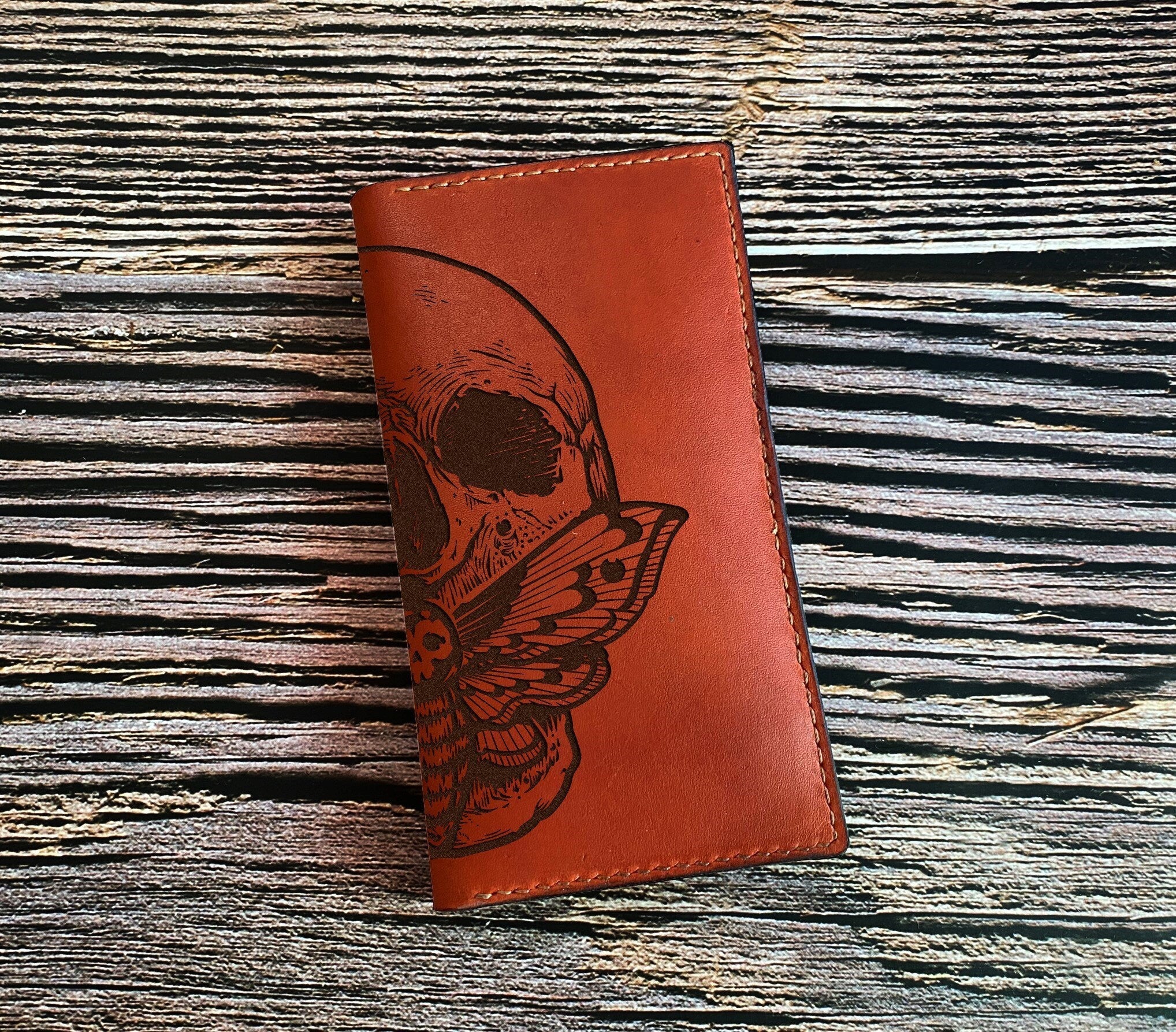 Skull butterfly engrave leather mobile phone wallet, mobile phone leather case, customized iphone wallet, samsung leather bifold wallet
