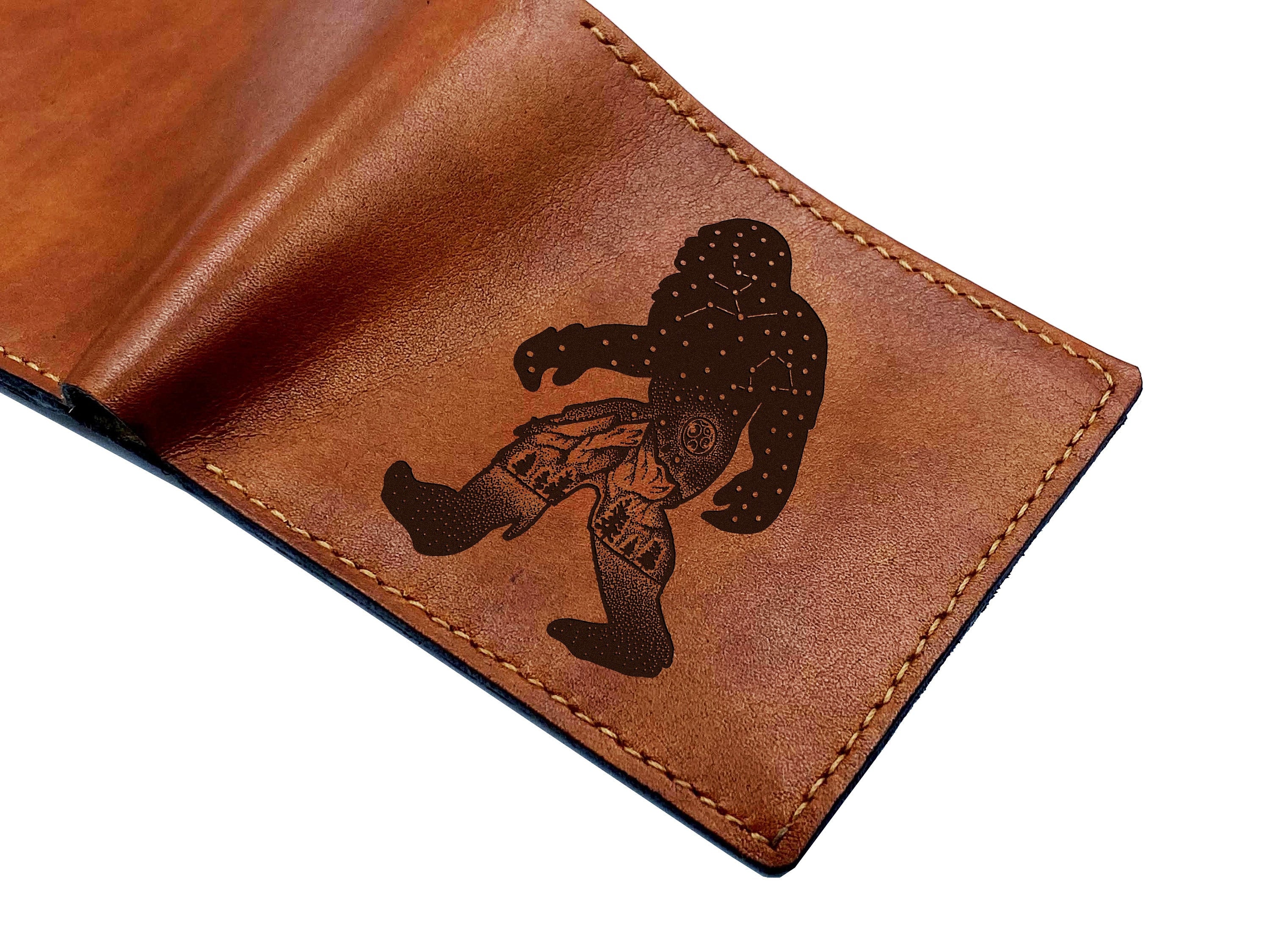 Bigfoot leather men's wallet, Sasquatch art leather gift for him, forest mythical creature wallet, custom cute monster gift for him