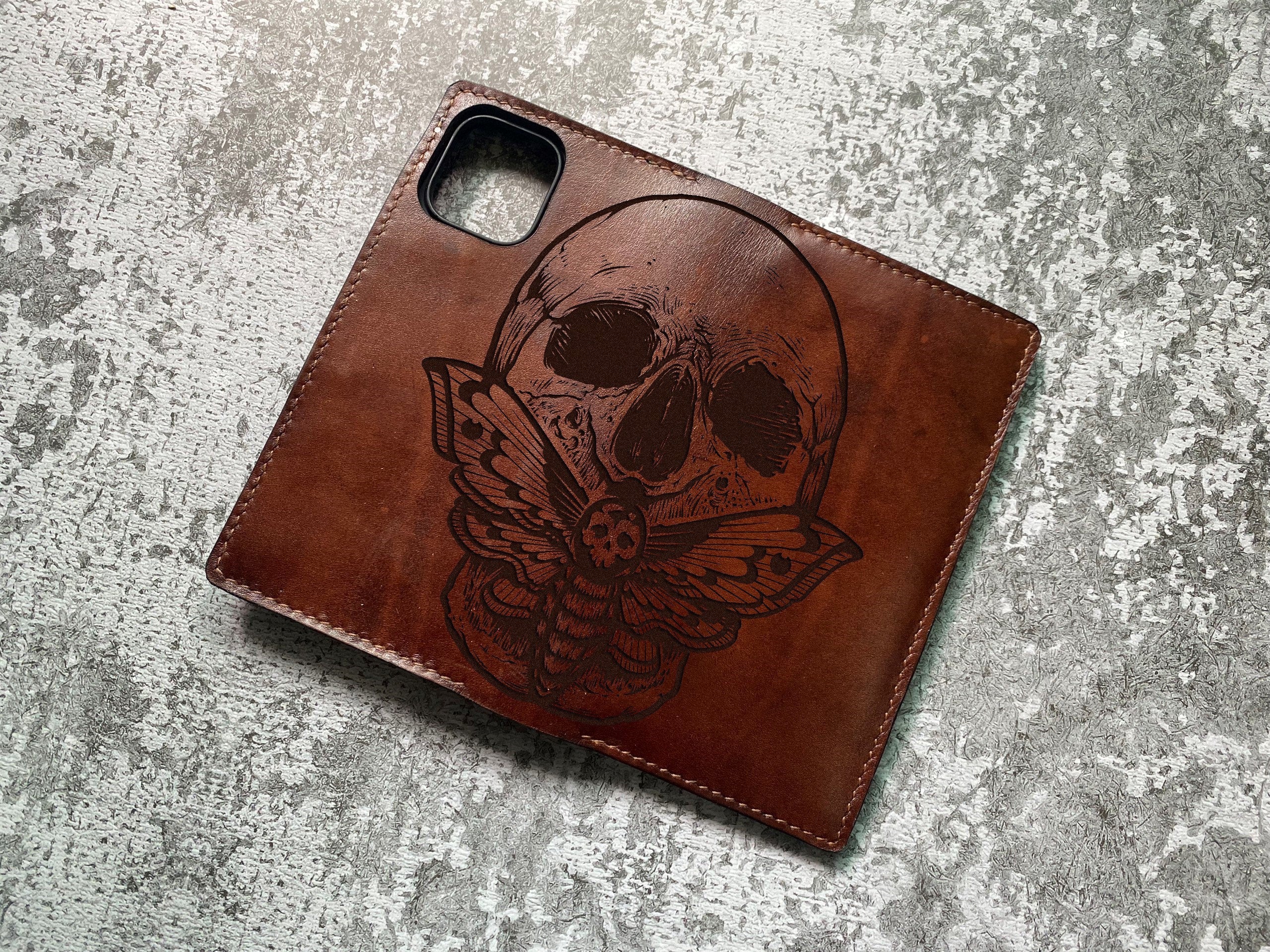 Skull butterfly engrave leather mobile phone wallet, mobile phone leather case, customized iphone wallet, samsung leather bifold wallet