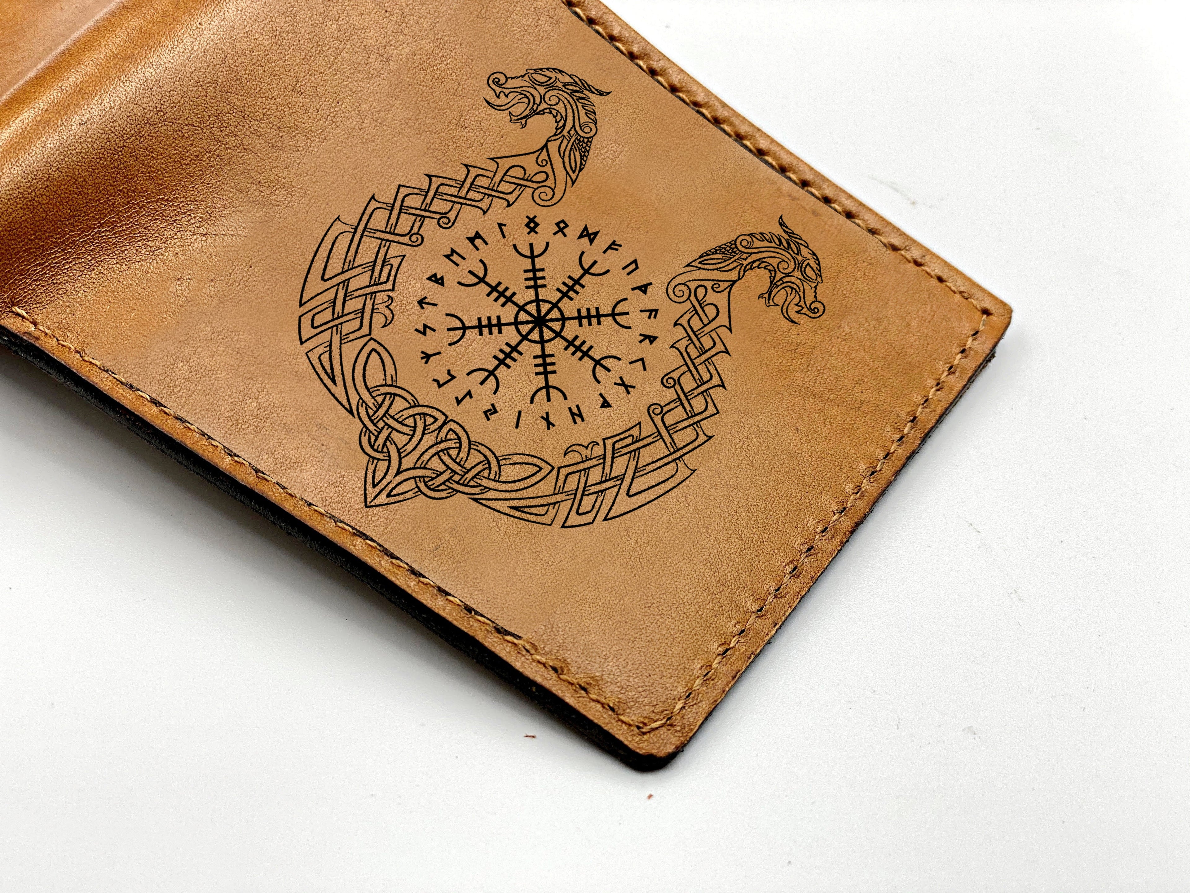 Custom leather men's wallet, norse runes celtic viking symbol wallet, bifold engraved wallet, gift for him
